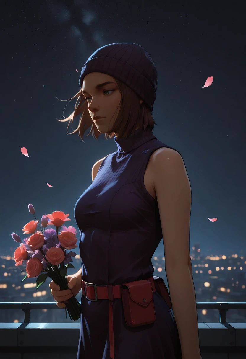 very awa, masterpiece, best quality, absurdres, newest, perfect quality, detailed background, intricate details
<lora:ILLISTCSteph:1>
LISTCSteph, 1girl, short hair, brown hair, beanie, green eyes, closed mouth, outdoors, rooftop, cityscape, building, holding bouquet, bouquet, from side, looking down,purple dress, sleeveless dress, turtleneck dress, utility belt, red belt, taut dress, taut clothes, night, starry sky, petals, wind, city lights, dark theme, dim lighting, dark background, backlighting, closed mouth