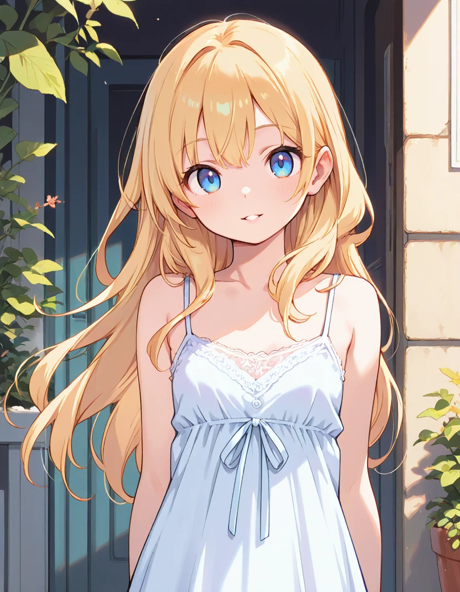 parted lips, gentle smile, sundress, half top body view, looking at viewer, solo, masterpiece, best quality, <lora:myLovelyBlond:0.8> 1girl, long hair, blond hair, blue eyes, camisole dress, ,