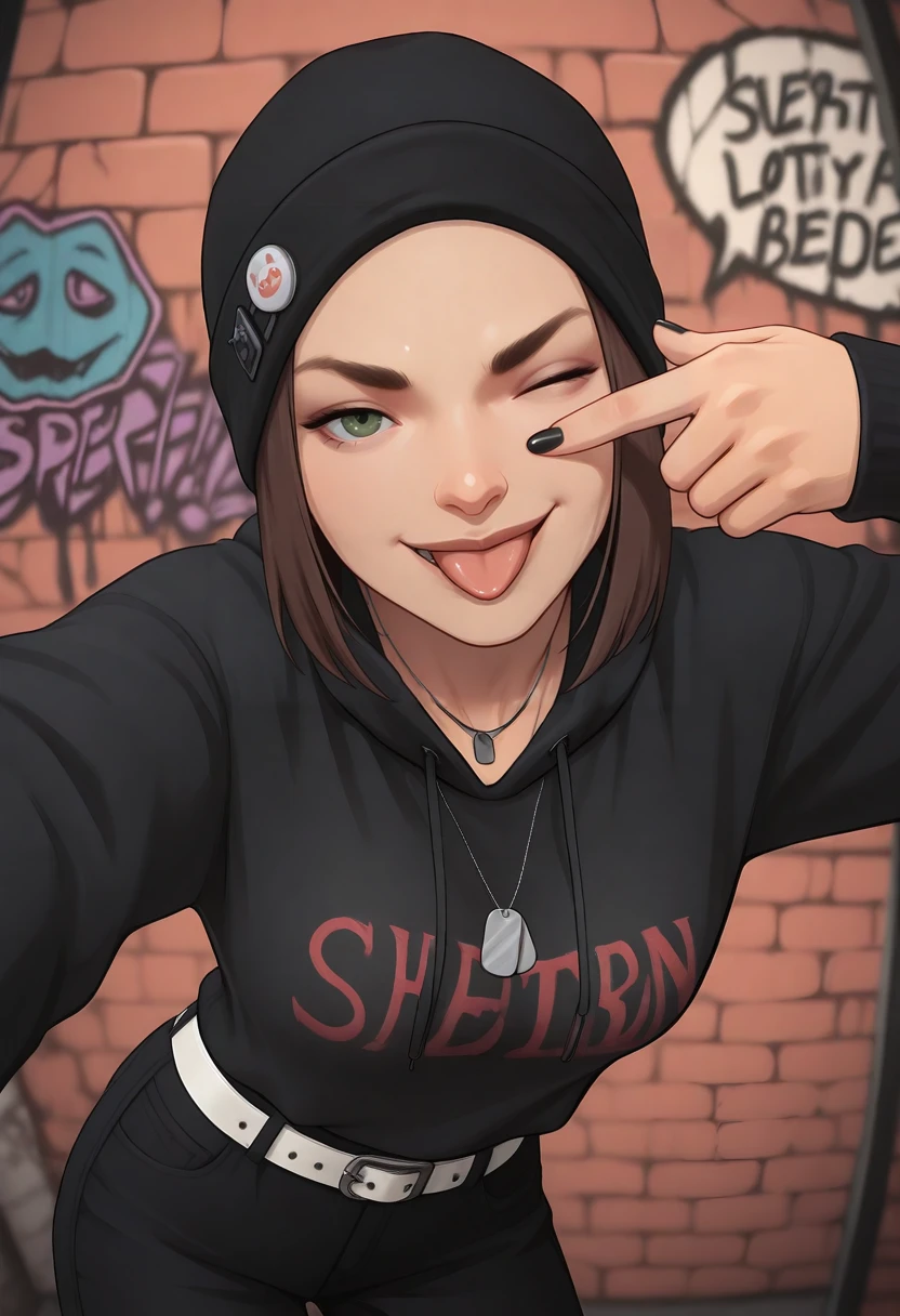 very awa, masterpiece, best quality, absurdres, newest, perfect quality, detailed background, intricate details
<lora:ILLISTCSteph:1>
LISTCSteph, 1girl, short hair, brown hair, beanie, green eyes, closed mouth, baseball cap, fashion, hat, hat pin, oversized clothes, oversized shirt, streetwear, black hoodie, hood, hood up, (graffiti:1.1), (brick wall), selfie, outstretched arm, taking picture, white belt, black pants, drawstring, nail polish, dog tags, reaching towards viewer, cowboy shot, looking at viewer, leaning forward, hanging breasts, akanbe, eyelid pull, finger to eye, tongue out, v-shaped eyebrows, one eye closed, closed mouth, smug