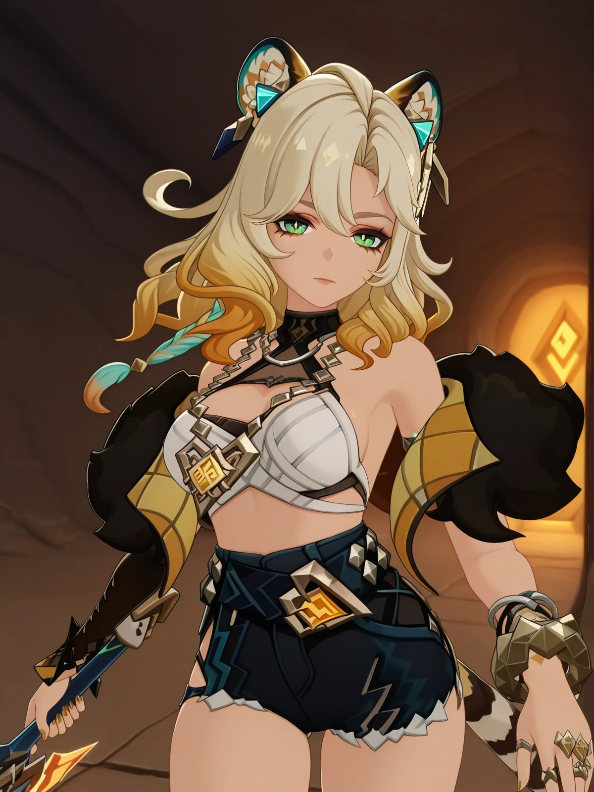 masterpiece, best quality, amazing quality,, <lora:genshin-xilonen-ingame-illustriousxl-lora-nochekaiser:1>, xilonen, xilonen (genshin impact), long hair, blonde hair, hair ornament, animal ears, green eyes, tail, multicolored hair, gradient hair, tiger ears, tiger tail, tiger girl, mature female, large breasts, 3d, jewelry, bare shoulders, jacket, shorts, off shoulder, bracelet, fur trim, short shorts, sideboob, black shorts, ring, denim shorts,, <lora:dynamic-pose-illustriousxl-lora-nochekaiser:1>, dynamic pose, holding weapon, weapon, holding, cowboy shot, bunker, underground, secure, concrete, dark, cowboy shot, solo, looking at viewer,