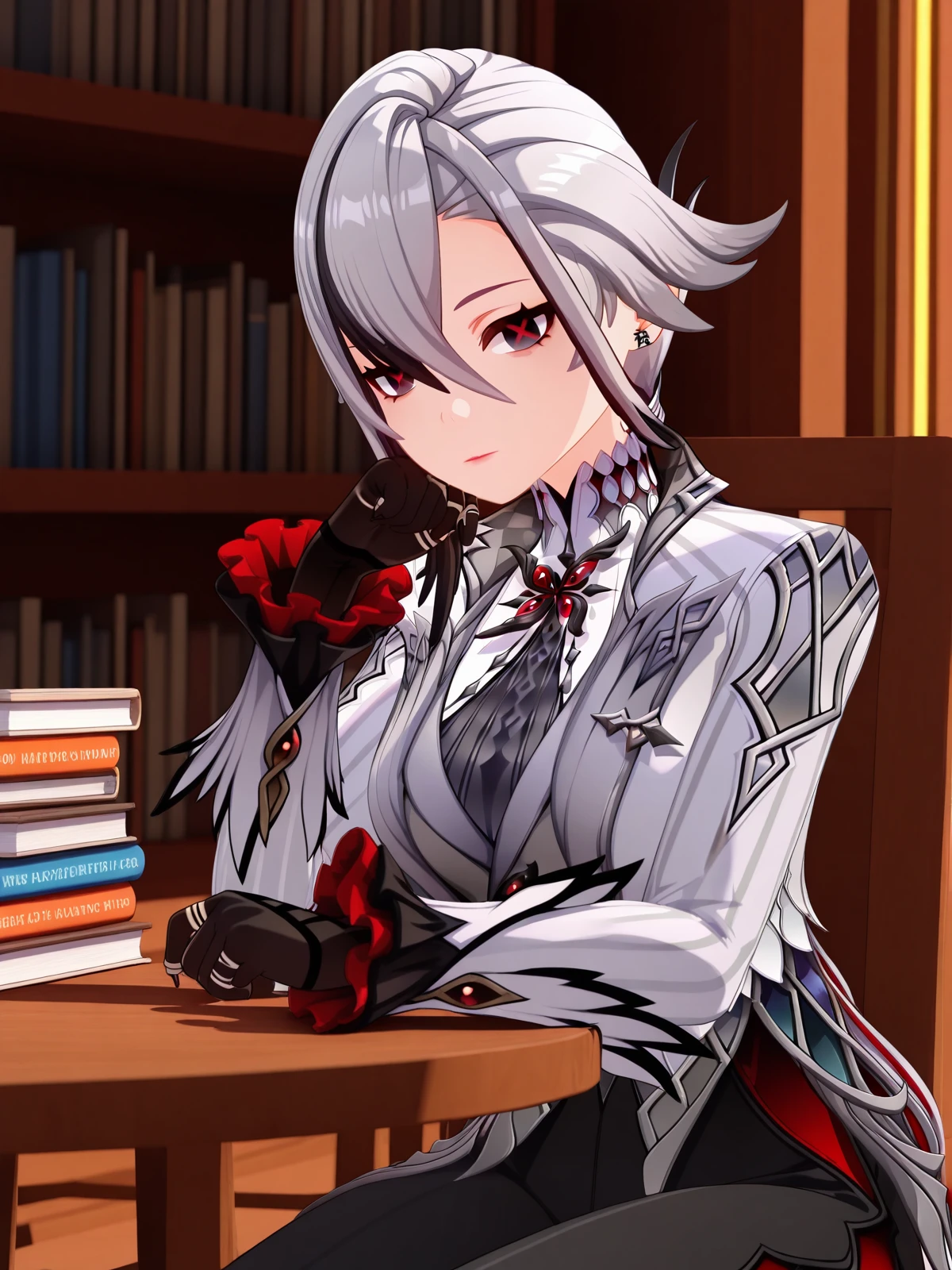 masterpiece, best quality, amazing quality,, <lora:genshin-arlecchino-ingame-illustriousxl-lora-nochekaiser:1>, arlecchino, arlecchino (genshin impact), short hair, black hair, hair between eyes, white hair, grey hair, multicolored hair, black eyes, two-tone hair, streaked hair, symbol-shaped pupils, red pupils, x-shaped pupils, mature female, large breasts, 3d, long sleeves, gloves, jacket, black gloves, pants, coat, black pants, suit,, sitting, elbow rest, table,, bookstore, browsing shelves, new book smell, finding a favorite, quiet atmosphere, cowboy shot, solo, looking at viewer,