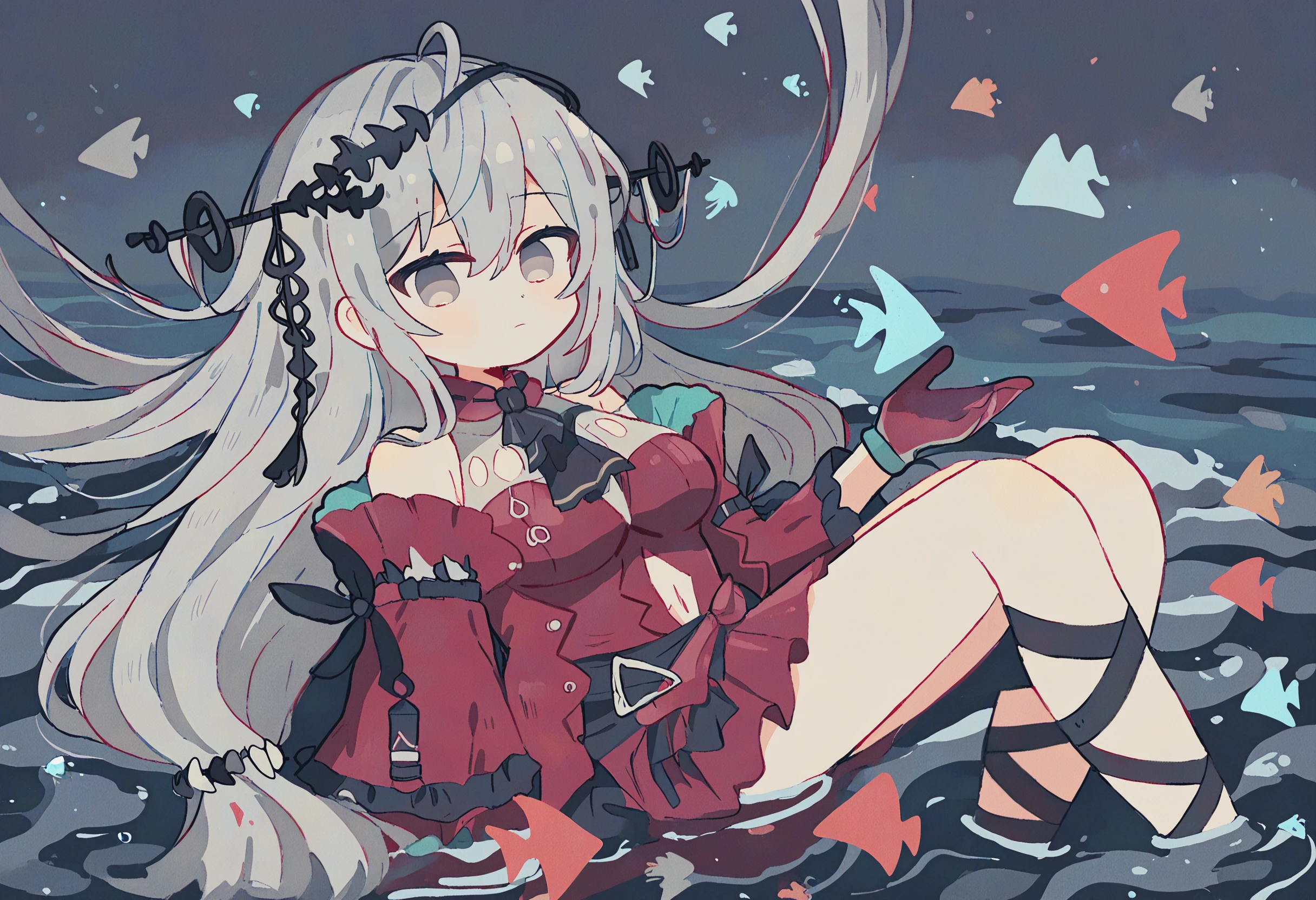 kanat0,skadi_the_corrupting_heart_(arknights),absurdres,highres,1girl, long_hair, very_long_hair, floating_hair, grey_eyes, expressionless, looking_at_viewer, red_dress, off-shoulder_dress, off_shoulder, bare_shoulders, detached_sleeves, red_sleeves, black_ascot, ascot, leg_ribbon, gloves, partially_submerged, lying, full_body, breasts, medium_breasts, ocean, night, water, waves, horizon, tropical_fish, angelfish, fish, floating, scenery, close-up, film_grain,