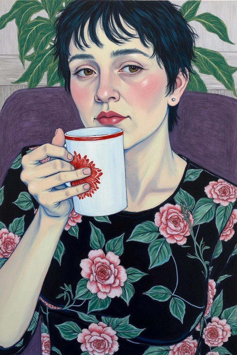 A painting by HOPEGANG of a woman seated indoors, holding a white ceramic mug with red pattern near her face; short tousled dark hair, fair skin, calm expression; wearing black floral dress with pink, green, blue; muted purple-gray background with green potted plant; impressionistic style, visible brushstrokes, soft textures, calm introspective mood.