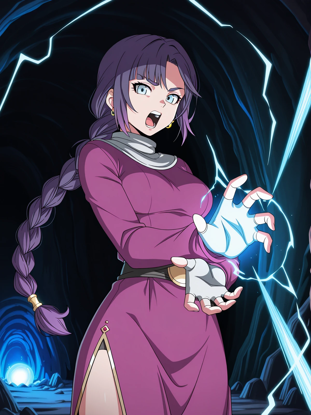 masterpiece, best quality, amazing quality,, <lora:mona-oc-illustriousxl-lora-nochekaiser:1>, mona, blue eyes, purple hair, long hair, braid, braided ponytail, parted bangs, mature female, medium breasts, anime screencap, fingerless gloves, hoop earrings, jewelry, white muffler scarf, side slit, pink dress, long sleeves, <lora:kamehameha-illustriousxl-lora-nochekaiser:1>, kamehameha, kamehameha (dragon ball), open mouth, outstrecthed arms, torn clothes, shouting, energy, energy beam, energy ball, electricity,, cave, darkness, rocks, underground, stalactites, cowboy shot, solo, looking at viewer,