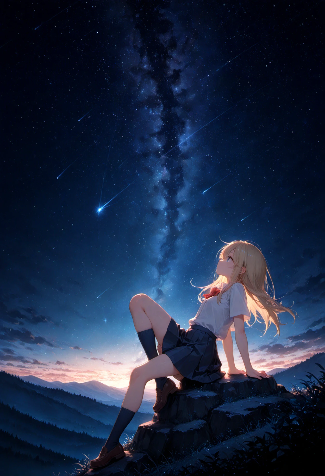 masterpiece, best quality, very aesthetic, 1girl, knee up, blouse, skirt, loafers, socks, long hair, leaning back, starry, (dark), (looking sky), hill, nature, shooting star