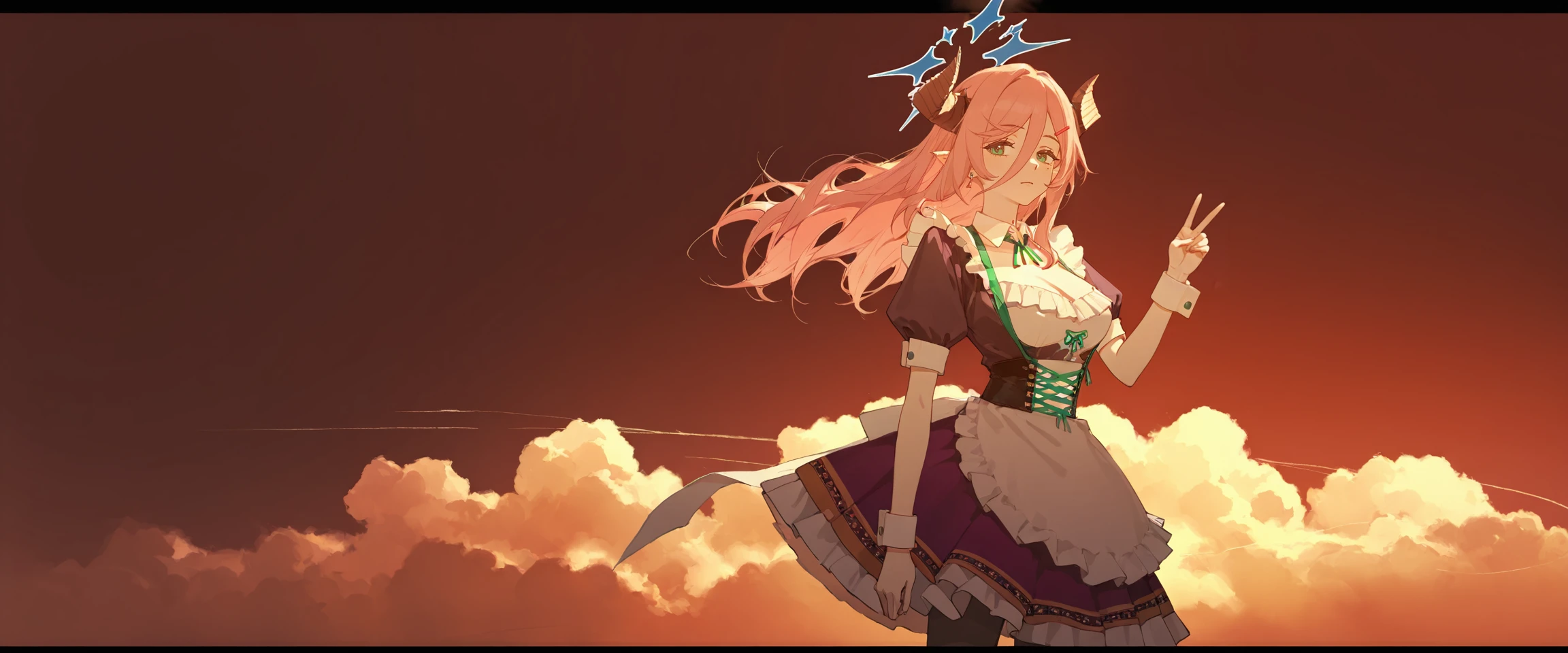 1girl,solo,<lora:æ±è:0.9>,demon horns,earrings,green eyes,hair between eyes,long hair,one mole under only one eye,pink hair,pointy ears,halo,horns,
yifuJuri,hair ornament,hairclip,Juri apron,Juri black pantyhose,Juri detached collar,Juri purple skirt,frills,Juri neck ribbon,Juri puffy short sleeves,Juri green ribbon,Juri white wrist cuffs,
Ink wash painting,oil painting,artist:dino_(dinoartforame),artist:konya_karasue,(artist:nixeu:0.8),(artist:wlop:0.5),artist:ciloranko BREAK Dark fantasy style,
red_background,monochrome,flat_color,dark,(rim light:1.3),(backlight:1.3),
(cloud:1.2),simple background,(hair light transmission:0.8),wide,v,wind,letterboxed,(frontlight:0.4),(sidelight:0.5),(condensation trails:0.8),