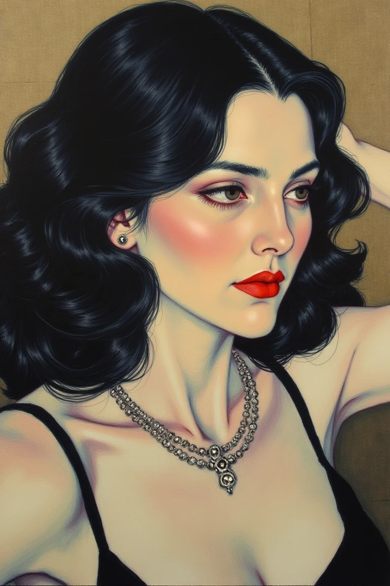 A painting by HOPEGANG of a striking portrait of a woman with dark voluminous hair, vivid red lips, and a delicate silver necklace; her gaze directed to the side conveying introspection and poise; detailed facial features with subtle shadows and highlights accentuating bone structure; warm earthy tones palette creating a harmonious composition.