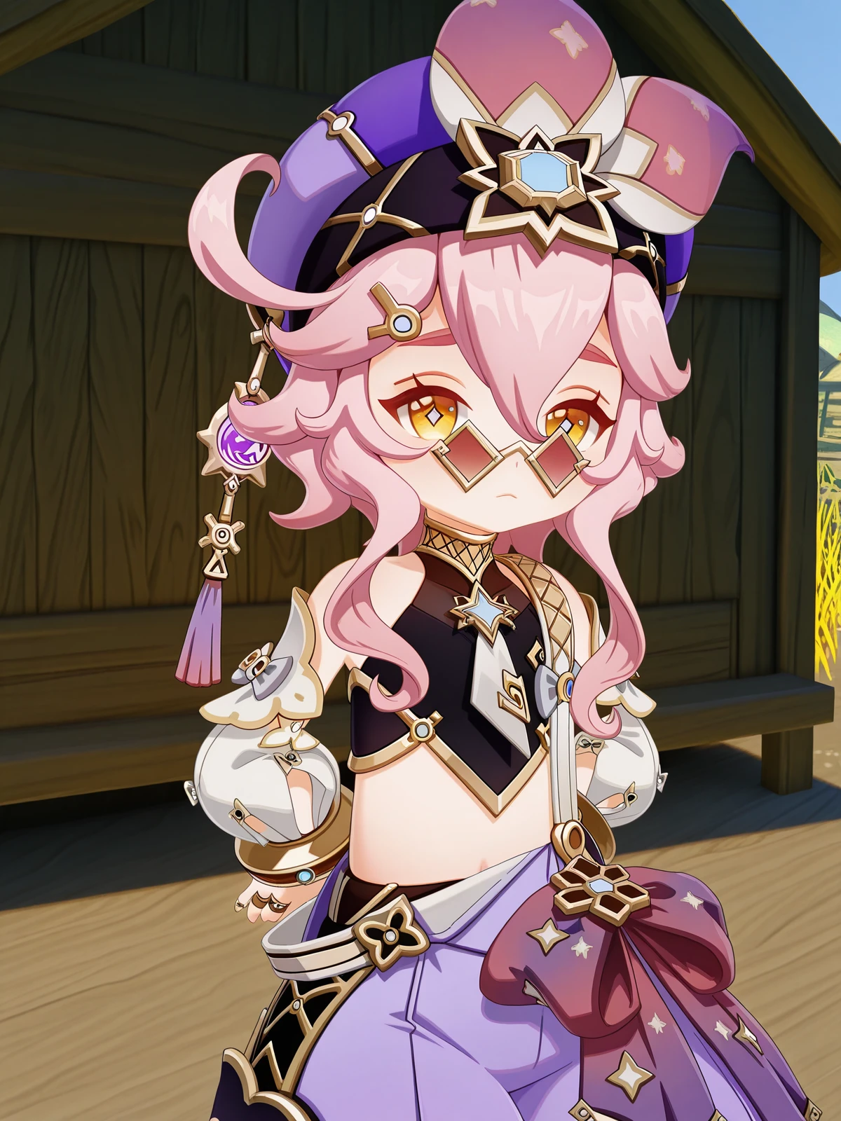 masterpiece, best quality, amazing quality,, <lora:genshin-dori-ingame-illustriousxl-lora-nochekaiser:1>, dori, dori (genshin impact), hair ornament, hair between eyes, yellow eyes, pink hair, ahoge, sidelocks, symbol-shaped pupils, sunglasses, short hair with long locks, 3d, shirt, long sleeves, hair ornament, hat, jewelry, bare shoulders, detached sleeves, sleeveless, pants, puffy sleeves, midriff, stomach, bracelet, crop top, black shirt, sleeveless shirt, sunglasses, ring, puffy long sleeves, white sleeves, tinted eyewear, purple headwear, multiple rings, pince-nez, purple pants, puffy detached sleeves, arabian clothes, puffy pants, harem pants, <lora:kung-fu-illustriousxl-lora-nochekaiser:1>, kung fu, martial arts, training, fighting stance, cowboy shot, hands behind back, shack, small, wood, old, rural, cowboy shot, solo, looking at viewer,