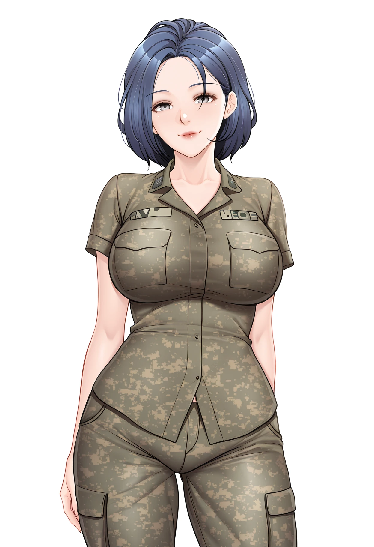 <lora:lazypos:1> lazypos,
simple background, front view, 1girl, from front,white background,
1girl, standing, looking at viewer,  seductive eyes, horny,  cowboy shot, soft smile,
<lora:aboveBelow1.3_alpha1.0_rank16_full_900steps:-1>,
 <lora:lee_sunah:1> lee_sunah, blue hair, grey eyes, hair behind ear, short hair, lips, large breasts, outfit3, camouflage pants,  short sleeves, camouflage shirt, untucked shirt