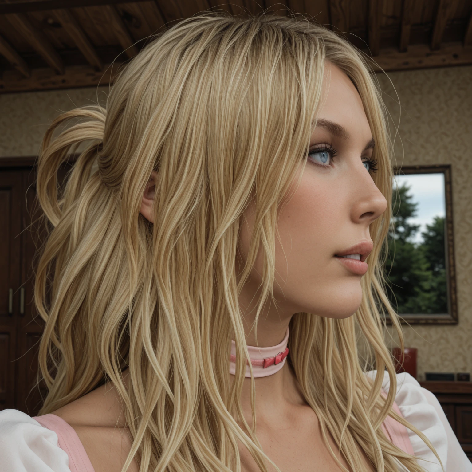 masterpiece, best quality, amazing quality, very aesthetic, high resolution, ultra-detailed, absurdres, scenery, photo, realistic, detailed eyes, detailed skin, depth of field, photorealistic details, <lora:badgirlnmh1:.8>, badgirlnmh1, 1girl, solo, long hair, blue eyes, blonde hair, parted lips, choker, lips, makeup, portrait, close-up, nose, (profile:1.5), looking to the side, back of head, messy ponytail