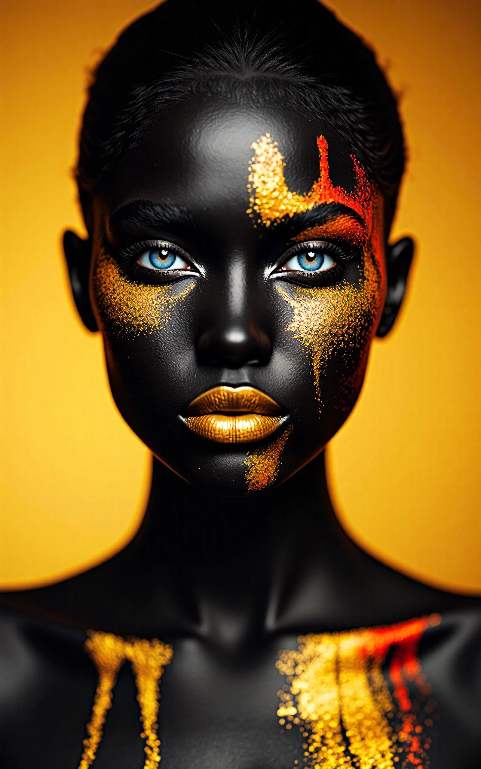 Ultra-close-up fine art portrait of a young woman with realistic proportions and accurate anatomy, her skin completely painted in deep matte black body paint, accented with vivid streaks and splatters of golden yellow and fiery red pigment. Her piercing light blue eyes stare directly into the camera with intensity, sharply contrasted against the dark paint. Golden paint covers her lips, blending into textured streaks across her cheeks, nose, and collarbone. The background is a smooth gradient of warm amber and gold, complementing the painted tones on her face. Lighting is dramatic and directional, creating soft shadows that emphasize the contours of her features and the texture of the paint. Ultra-fine detail in pigment particles, skin texture beneath the paint, and subtle reflections in her eyes. Captured with a 100mm macro lens, f/4, shallow depth of field, cinematic color grading for a striking, artistic effect. The mood is bold, mysterious, and avant-garde.