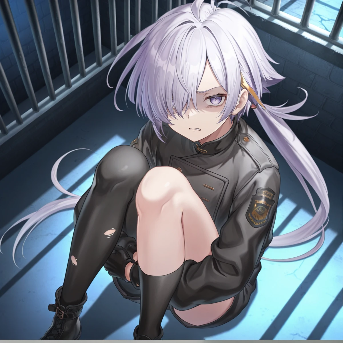 masterpiece,best quality,absurdres,detailed skin,detailed eyes,anime colored,anime screencap,
<lora:nio-000007:0.8>,1 boy,nio,looking at viewer,ponytail,hair over one eye,solo,
jacket,gloves,asymmetrical legwear,single sock,
on floor,holding own legs,disgust,
from above,indoors,prison cell,