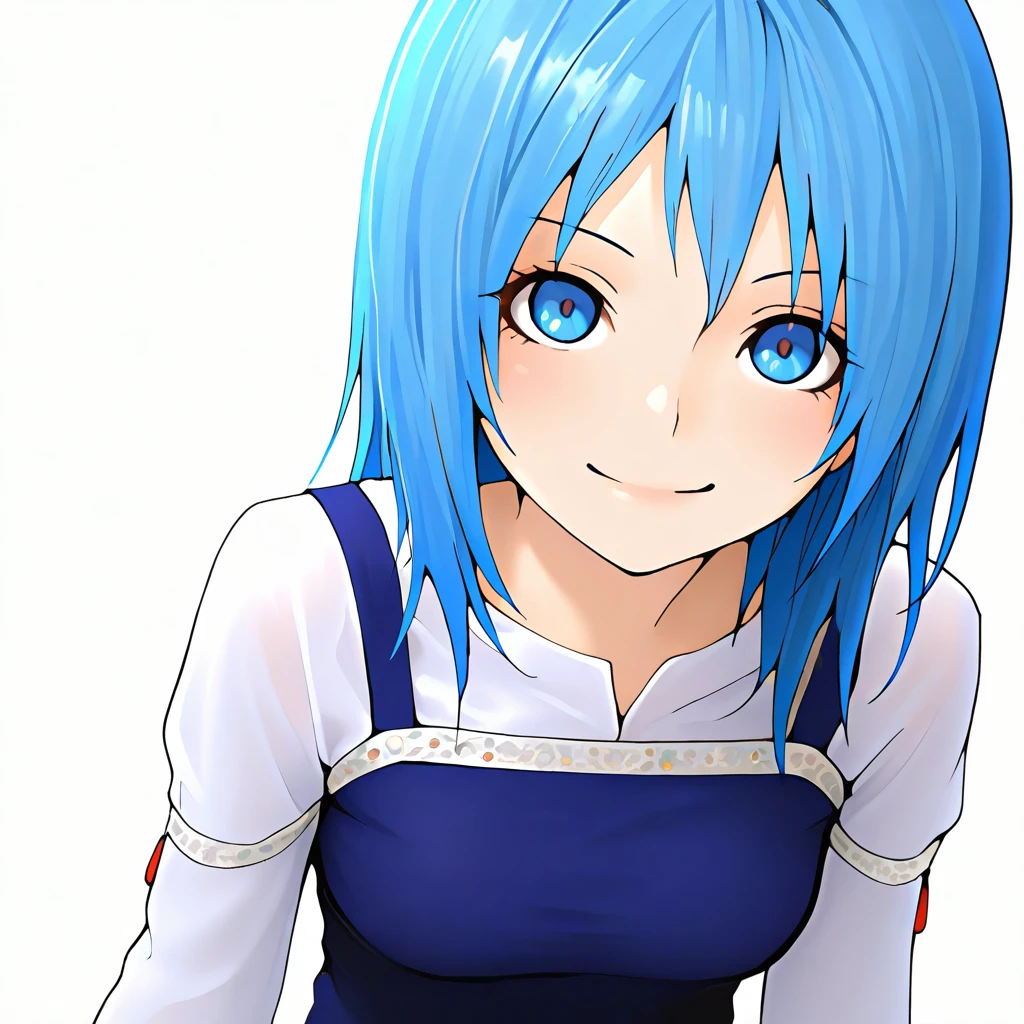 <lora:VeneAnsbachV2_illustrious:1>,sb_vene,white shirt, medium hair, blue dress, long dress, pinafore dress, long sleeves, 1girl, solo, simple background, boots,blue eyes,blue hair,,smile,jewelry, white trim,petticoat, upper body, masterpiece, best quality, amazing quality, newest,detailed face, beautiful eye