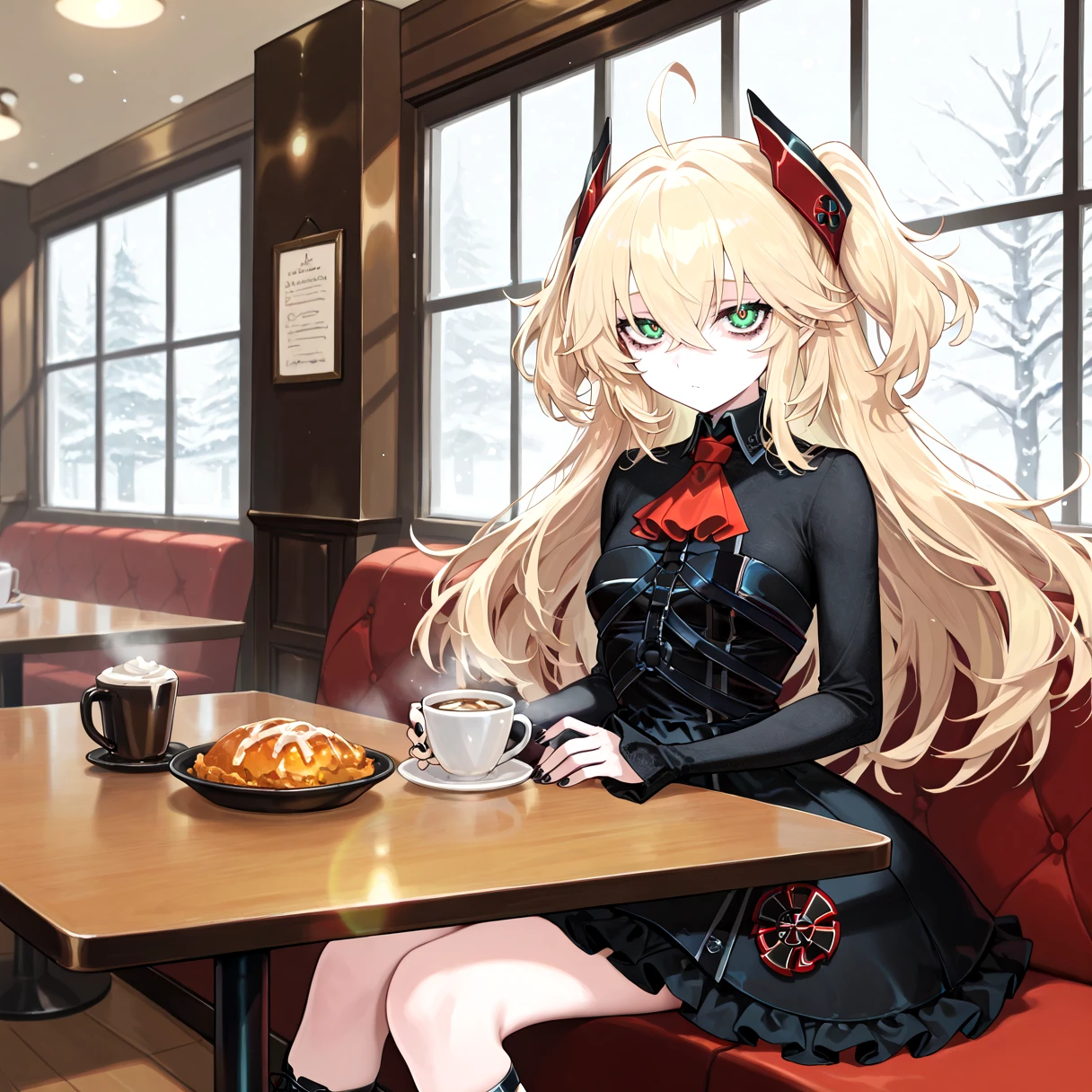 masterpiece, best quality, sitting, cafe, snow, window, lens flare, motion blur, indoors, cup, food, date, table,upper body, looking at viewer, happy, <lora:Tyber_Hipper Meta_AL_NOOB:1> HipperMETA, long hair, blonde hair, two-side up, hair between eyes, ahoge, green eyes, red pupils, bags under eyes, tsundere, small breasts, headgear, black collared shirt, long sleeves, red ascot, black sleeveless dress, frilled dress, short dress, chest strap, black nails, iron cross, ankle strap, black lace-up platform boots, black dress,