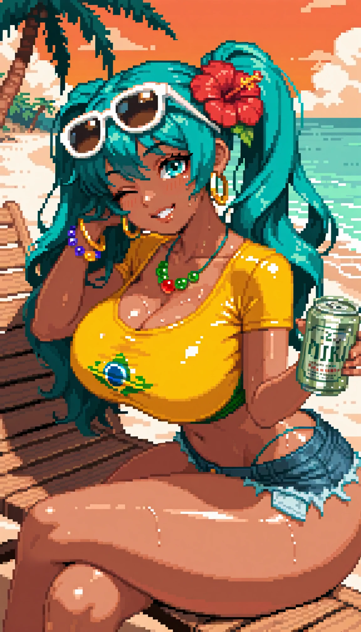 masterpiece, best quality, amazing quality, 4k, very aesthetic, ultra-detailed, (pixel art, dithering, pixelated, sprite art, 8-bit:1.2), 1girl, (brazilian miku:1.2), cute, dark-skinned female, huge breasts, narrow waist, curvy, busty, cleavage, wide hips, huge ass, huge butt, thick thighs, aqua hair, (messy wavy hair:1.2), long twintails, (red hibiscus in hair:1.2), (white-framed sunglasses on head:1.3), (shiny aqua eyes:1.3), big eyes, looking at viewer, (winking:1.2), one eye closed, crop top short sleeve yellow shirt, shoulder, collarbone, (taut wet brazilian flag print shirt:1.2), navel, blue (lowleg:1.2) denim short shorts, dark blue side-tie highleg thong bikini under clothes, (brazillian flag color bead necklace:1.3), hoop earrings, hoop bracelet, grin, hand in hair, green beer can, holding can, giving beer can to viewer, sitting on wood beach chair, twisty pose, crossed legs, head tilt, from side, leaning forward, pov, sweat, wet, shiny skin, light blush, under palm tree, beach, orange sky, cloud, dappled sunlight, sunset, detailed background, dutch angle, back light, rim light, (face focus, close-up:1.2), upper body, BREAK, eyes, lips, dramatic shadow, vignetting, depth of field, volumetric lighting