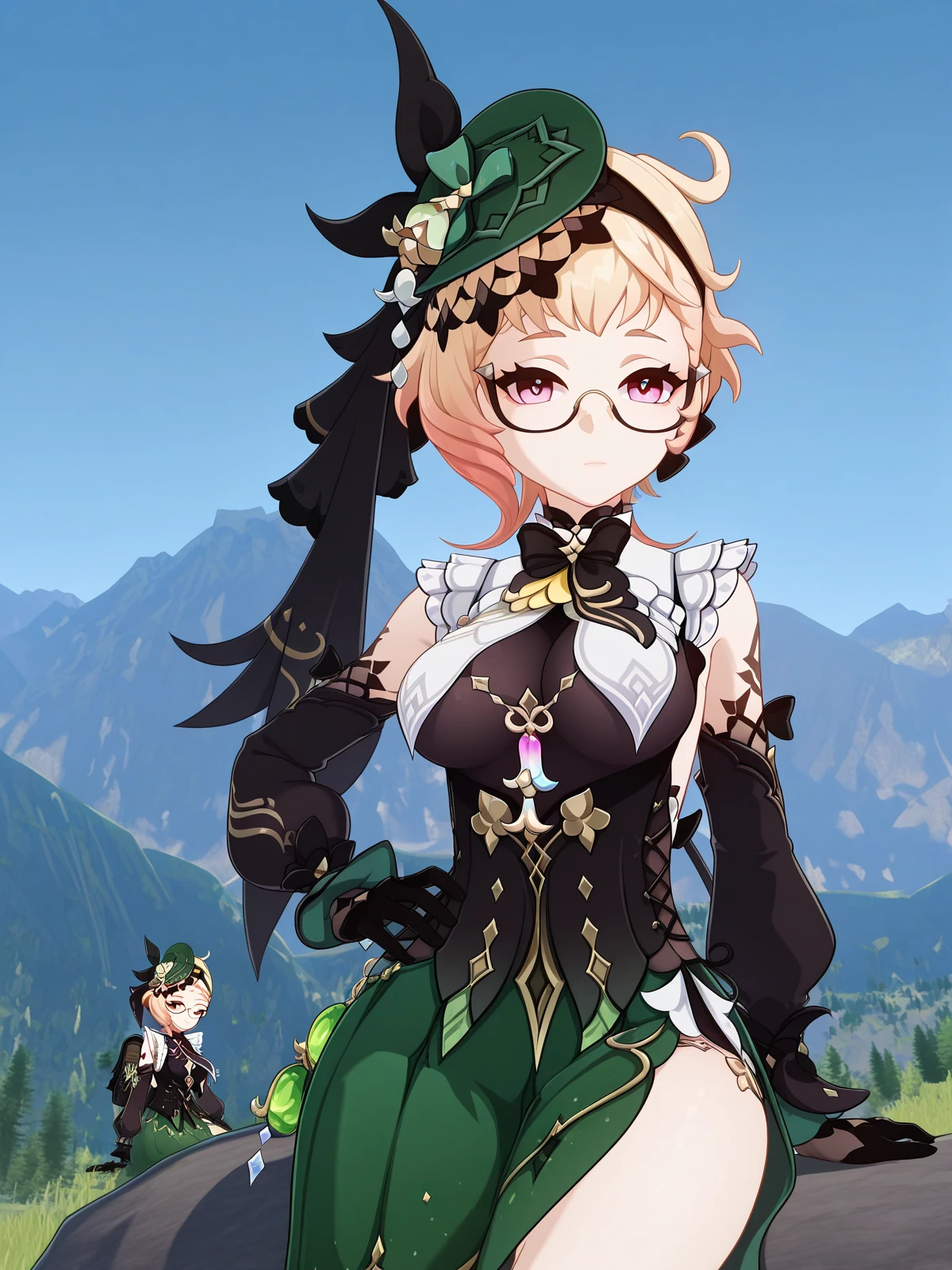 masterpiece, best quality, amazing quality,, <lora:genshin-emilie-ingame-illustriousxl-lora-nochekaiser:1>, emilie, emilie (genshin impact), short hair, blonde hair, pink eyes, ahoge, multicolored hair, glasses, gradient hair, semi-rimless eyewear, mature female, medium breasts, 3d, bare shoulders, black bow, black bowtie, black corset, black gloves, black ribbon, black shirt, bowtie, breast curtains, corset, detached sleeves, fascinator, green hat, green skirt, hat, long sleeves, side slit, skirt, sleeveless, sleeveless shirt,, <lora:princess-leia-pose-illustriousxl-lora-nochekaiser:1>, princess leia pose, sitting, hand on own hip, lying, arm support, mountain trail, hiking, nature, backpack, adventure, fresh air, cowboy shot, solo, looking at viewer,