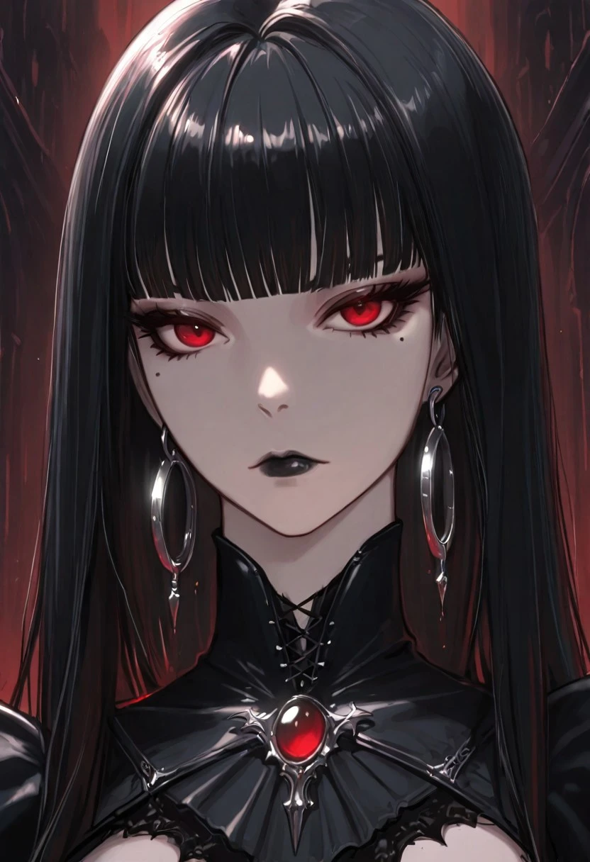masterpiece, best quality, highres, gothic style, dark atmosphere, dark fantasy, black lipstick, 1girl, solo, jewelry, earrings, red eyes, mole under eye, black hair, bangs, long hair, mole, looking at viewer, blunt bangs, closed mouth, eyelashes, hoop earrings