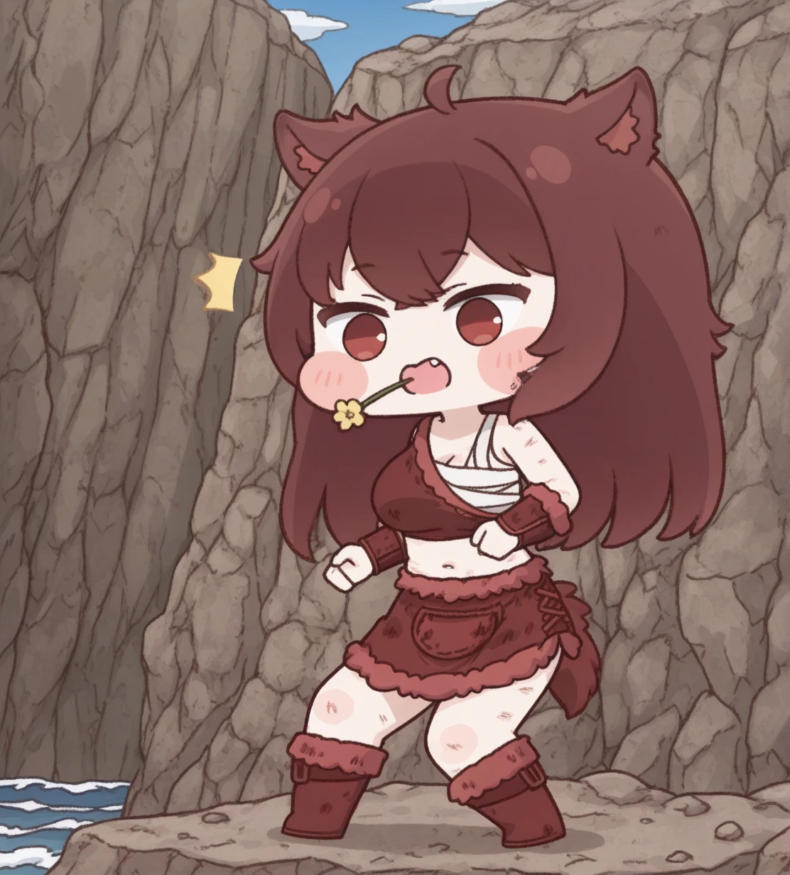 1girl, wild hips, huge breasts, :o, surprised, round mouth, blue flower, flower, flower in mouth, from side, hair flower, hair tubes, pink flower, red flower, solo, upper body, white flower, yellow flower,
cliff, ocean, day, wave, rock, sea foam, blue sky, horizon,
(official style:1.2),deformed,
mob(kemono)(trickcal),
Yumimi,
dog girl,animal ears,dog ears,animal ear fluff,
red hair,bangs,long hair,
red eyes,
dog tail,
fang,
scratches,
dirty clothes,
chest sarashi,single-shoulder shirt,red shirt,fur-trimmed shirt,sleeveless shirt,crop top,
midriff,navel,
arm guards,red arm guards,fur-trimmed arm warmers,
miniskirt, red skirt,leather skirt,fur-trimmed skirt,
ankle boots,fur-trimmed boots,red boots,belt boots,
intricate details,detailed background,(dynamic pose:1.2),
<lora:noobaiXLNAIXL_epsilonPred11Version-lora:0.1> <lora:mobkemonotrickcal:1>