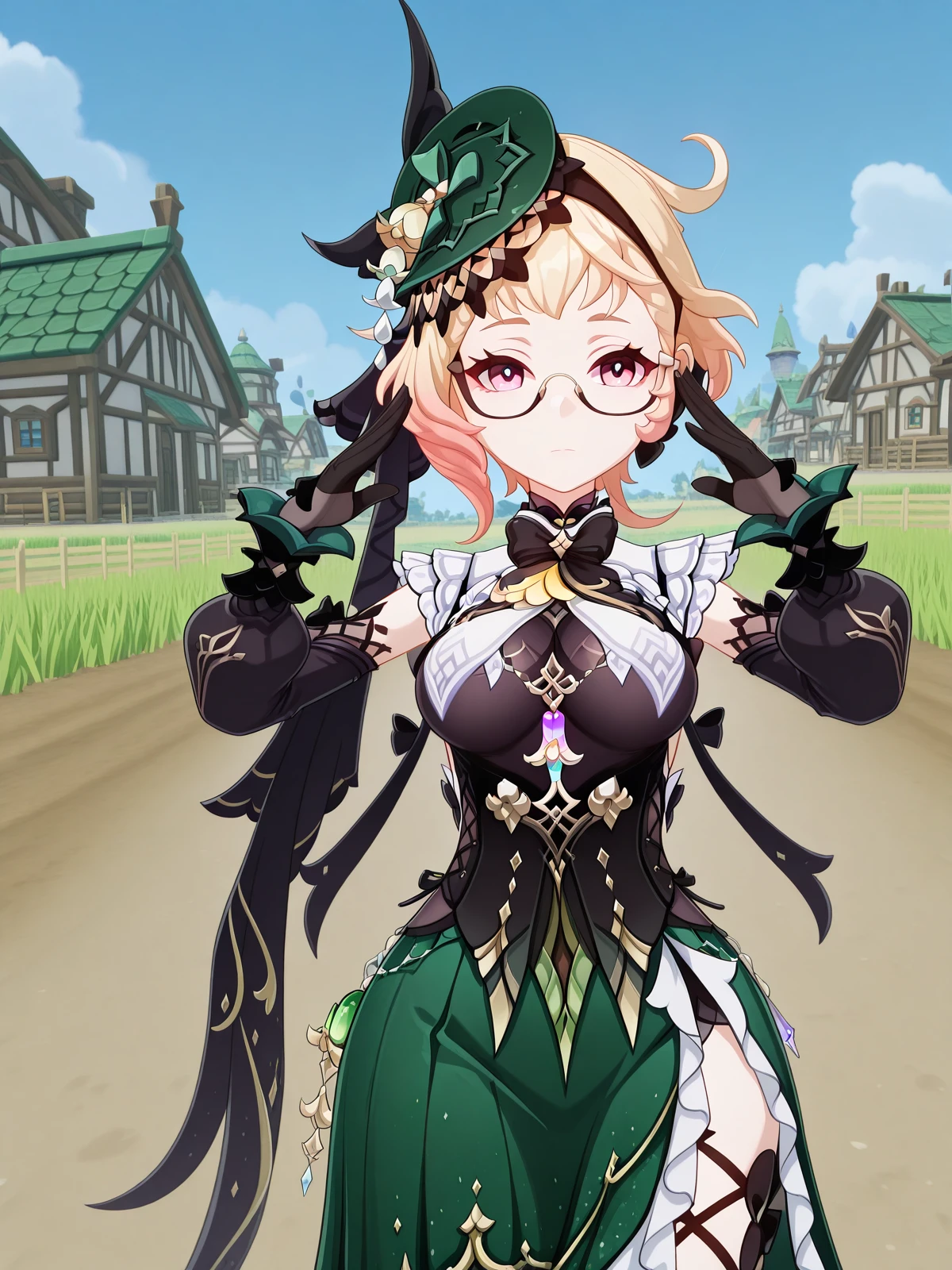 masterpiece, best quality, amazing quality,, <lora:genshin-emilie-ingame-illustriousxl-lora-nochekaiser:1>, emilie, emilie (genshin impact), short hair, blonde hair, pink eyes, ahoge, multicolored hair, glasses, gradient hair, semi-rimless eyewear, mature female, medium breasts, 3d, bare shoulders, black bow, black bowtie, black corset, black gloves, black ribbon, black shirt, bowtie, breast curtains, corset, detached sleeves, fascinator, green hat, green skirt, hat, long sleeves, side slit, skirt, sleeveless, sleeveless shirt,, <lora:ultrabeam-illustriousxl-lora-nochekaiser:1>, ultrabeam, solo, standing, hands up, cowboy shot, straight-on, looking at viewer, serious,, village, houses, community, rural, farms, cowboy shot, solo, looking at viewer,