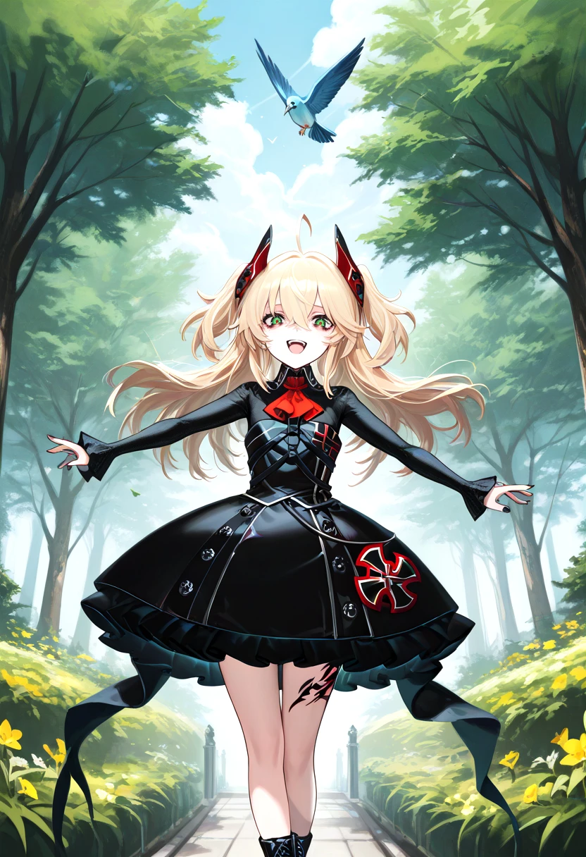 masterpiece, best quality, 1girl, solo, ChibiReveStyle BREAK dynamic pose, laughing, outstretched arms, park, flower, tree, bird, cloud, BREAK 1girl, <lora:Tyber_Hipper Meta_AL_NOOB:1> HipperMETA, long hair, blonde hair, two-side up, hair between eyes, ahoge, green eyes, red pupils, bags under eyes, tsundere, small breasts, headgear, black collared shirt, long sleeves, red ascot, black sleeveless dress, frilled dress, short dress, chest strap, black nails, iron cross, ankle strap, black lace-up platform boots,leg tattoo,
