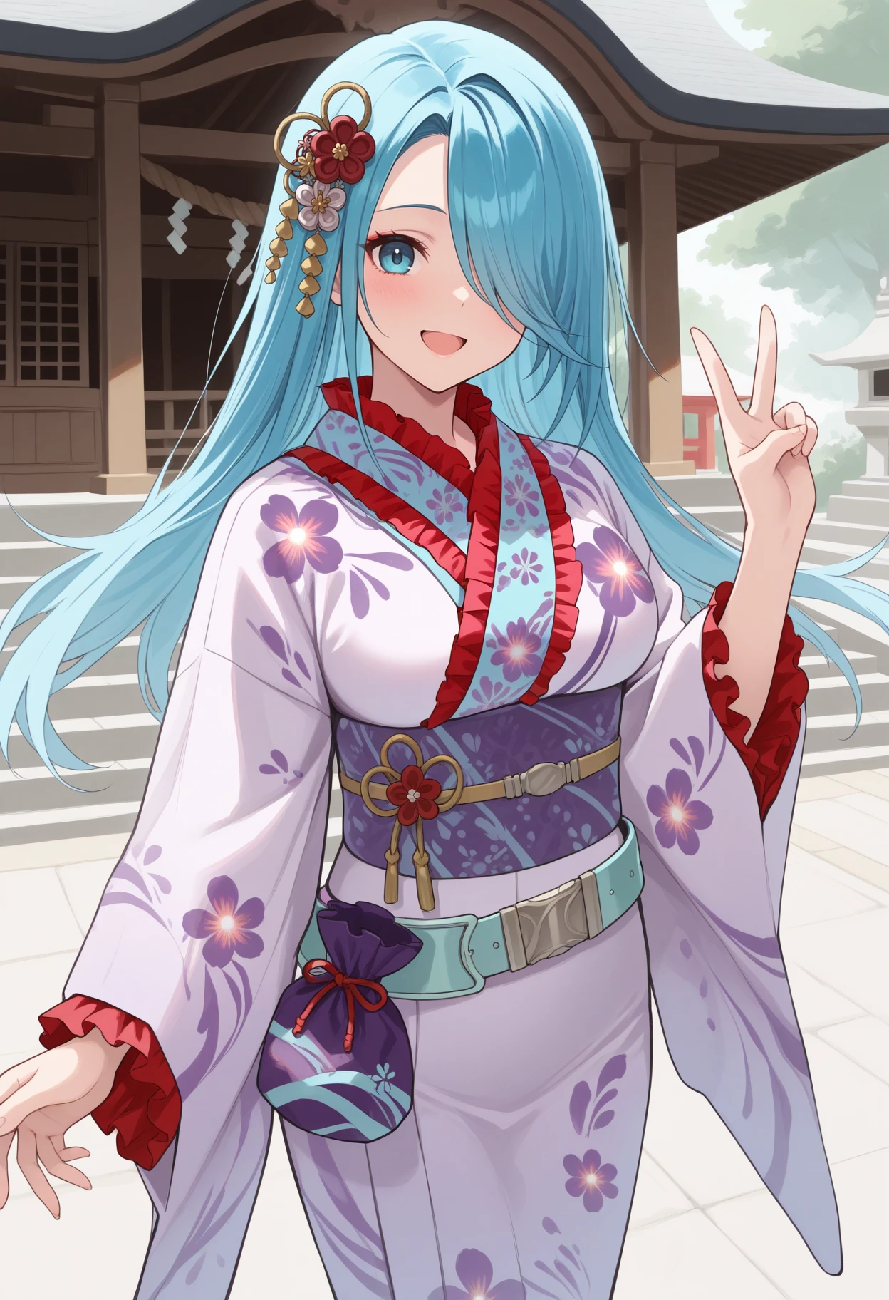 masterpiece, best quality, 1girl, looking at viewer, v, open mouth, smile, <lora:LuciaFE-illu:1> smrLuc, blue hair, hair over one eye, long hair, hair flower, hair ornament, blue eyes, white kimono, medium breasts, floral print kimono, frilled kimono, long sleeves, purple obi, teal belt, belt pouch, kinchaku, shrine, outdoors