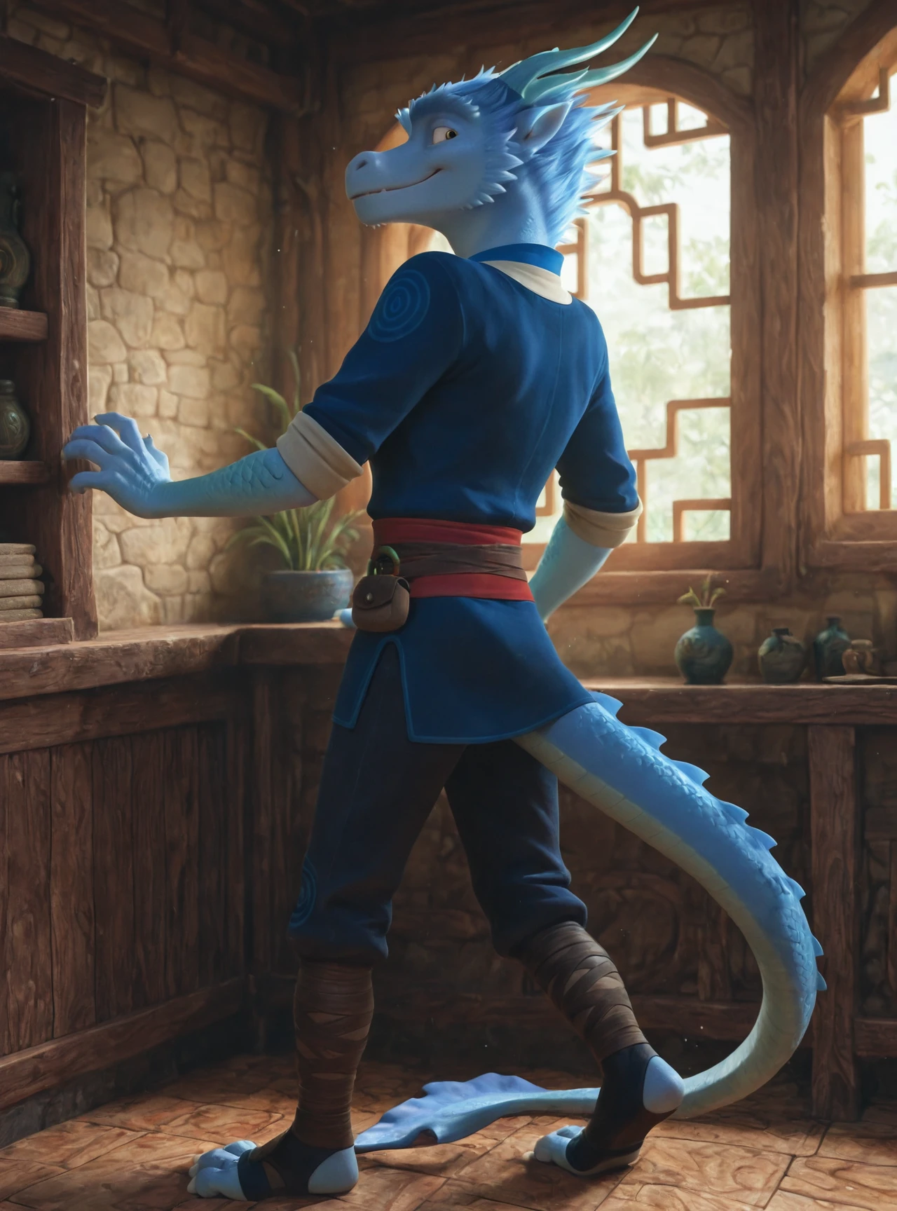 masterpiece,best quality,amazing quality, 1boy, solo, h3i, solo, anthro, male, dragon, horn, hair, scalie, scales, clothing, looking back, smile, claws, toeless footwear, indoors, <lora:h3i_IL:0.9>