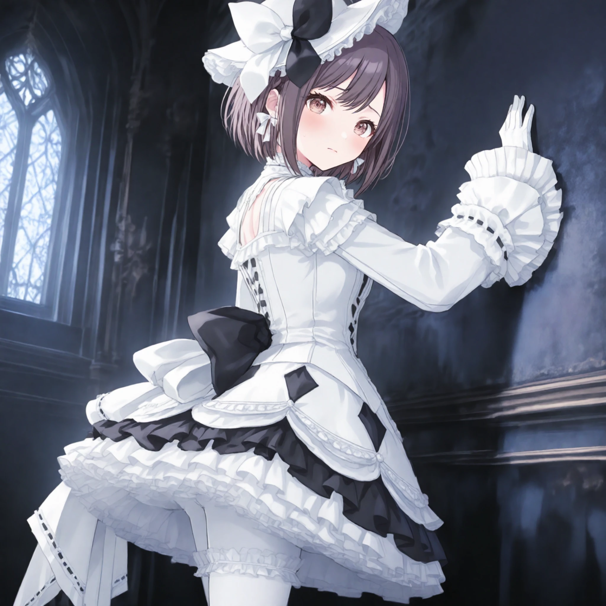 nijistyle, 1girl, shinonome ena, project sekai, solo, 
keikyoku ena, brown eyes, detailed eyes, slightly sad expression,
looking at viewer, leaning against wall, leaning back, four fingers and thumb,
white bow, frills, white hat, white gloves, white dress, hat bow, white pantyhose, hair bow, white bloomers, sleeves past wrists, ribbon trim, black bow, frilled dress, skirt, wide sleeves, dress bow, frilled sleeves, thighhighs, hair ornament, ribbon, back bow, ribbon-trimmed sleeves,
midnight, dark, indoors, gothic room,
masterpiece, amazing quality, very aesthetic, ultra detailed, highres,
<lora:hand 5.5:1>, <lora:ObIL-style-nijistyle02:0.8>, <lora:ObIL-25-KeikyokuEn01:0.6>