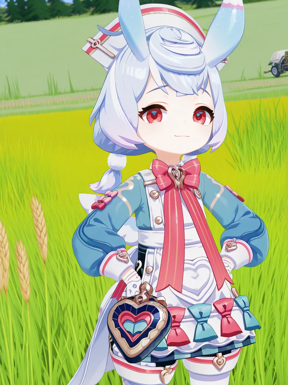 masterpiece, best quality, amazing quality,, <lora:genshin-sigewinne-ingame-illustriousxl-lora-nochekaiser:1>, sigewinne, hair ornament, red eyes, animal ears, twintails, blue hair, purple hair, multicolored hair, gradient hair, low twintails, short twintails, pom pom hair ornament, 3d, long sleeves, gloves, dress, hat, bow, pantyhose, puffy sleeves, white gloves, bowtie, apron, blue dress, white headwear, pink bow, white apron, white pantyhose, pom pom (clothes), nurse cap, pink bowtie, aqua dress,, smug, hands on own hip,, field, grass, open_space, farming, crops, cowboy shot, solo, looking at viewer,