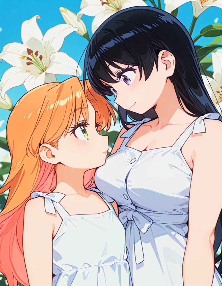 masterpiece, best quality, anime coloring, contrapposto, <lora:LECO_BadHands:1>, <lora:eyelashext_v10:0.6>, <lora:thick_eyelashes_illustrious_20K-000017:0.45>, thick eyelashes, lipgloss, [photo background::0.5], blurry foreground BREAK 2girls, tanigawa ruri, orange hair, arato nagi, black hair, sundress, looking at another, eye contact, smile, blush, friends, upper body, simple background, floral background, lily, <lora:ruri_and_nagi-000016:1>