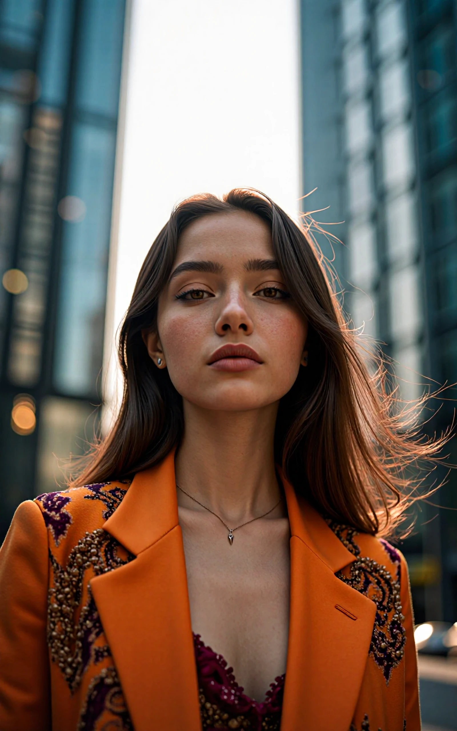 Portrait photography in the style of Steve McCurry — rich, cinematic color grading with deep, saturated tones and high contrast, capturing an intimate yet powerful urban moment. An 18-year-old young woman with realistic proportions and accurate anatomy, standing amidst towering glass and steel skyscrapers in a bustling modern city. She is the clear focal point, her face sharply in focus with captivating, expressive eyes looking directly into the camera. She wears stylish, vividly colored clothing with textured fabrics and intricate details, standing out against the cool, muted tones of the cityscape. The background shows skyscrapers fading into soft bokeh, with subtle reflections in the glass facades, and the warm tones of her outfit contrasting with the cold blues and grays of the architecture. Lighting is natural yet dramatic, with golden-hour sunlight filtering between buildings, casting a warm glow on her skin and hair. Captured with an 85mm lens, f/2.8, ultra-fine detail in facial features, hair strands, and clothing texture. The mood is timeless yet modern, combining human warmth with the grandeur of a contemporary urban environment.
