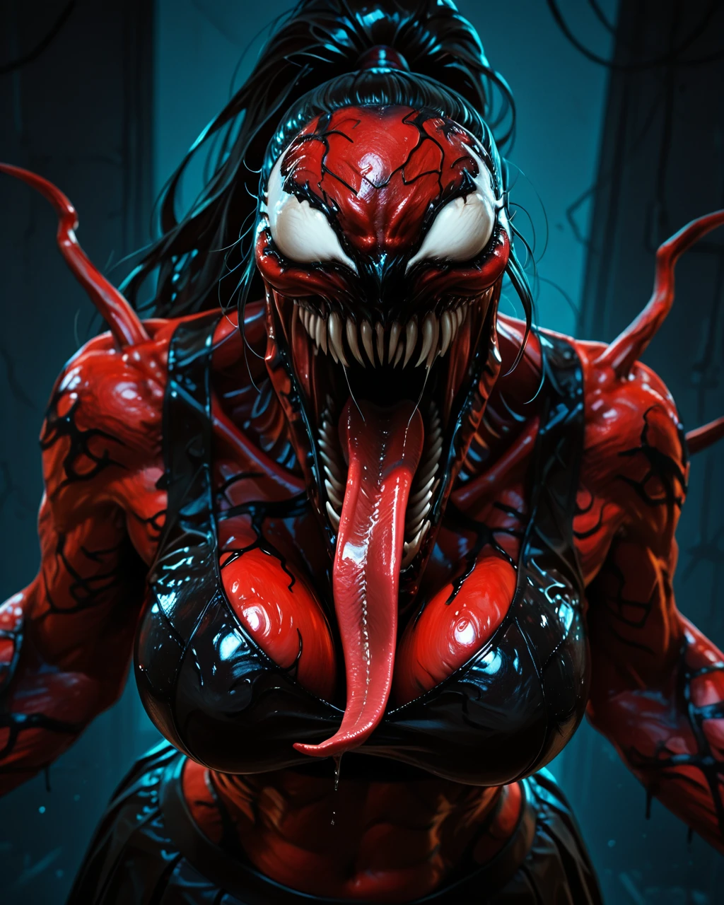 score_beautiful, front view, upper body, close up face, dutch angle, roar, masterpiece, an extremely detailed and delicate,extremely fine and beautiful, (masterpiece:1.2), (best quality:1.2), sharp focus, (8k), beautiful, high quality, (highres:1.1), (depth of field),realistic, best quality, masterpiece,ultra high res,(photo realistic:1.2), detailed, extremely detailed 4K, intricate, hyper detailed, illustration, soft lighting, high resolution, sharp detail, perfect lighting, Ca1nag3, teeth, 1girl, big breast, black top, skirt, solo, darkness, shadow, monster, sharp teeth, claws, no humans, tongue, muscular, saliva, long tongue, tongue out, white eyes, red skin, <lora:Carnage_from_Marvel_Universe_il:0.8>, tentacles on the back, muscular, long hair, black hair, ponytail,