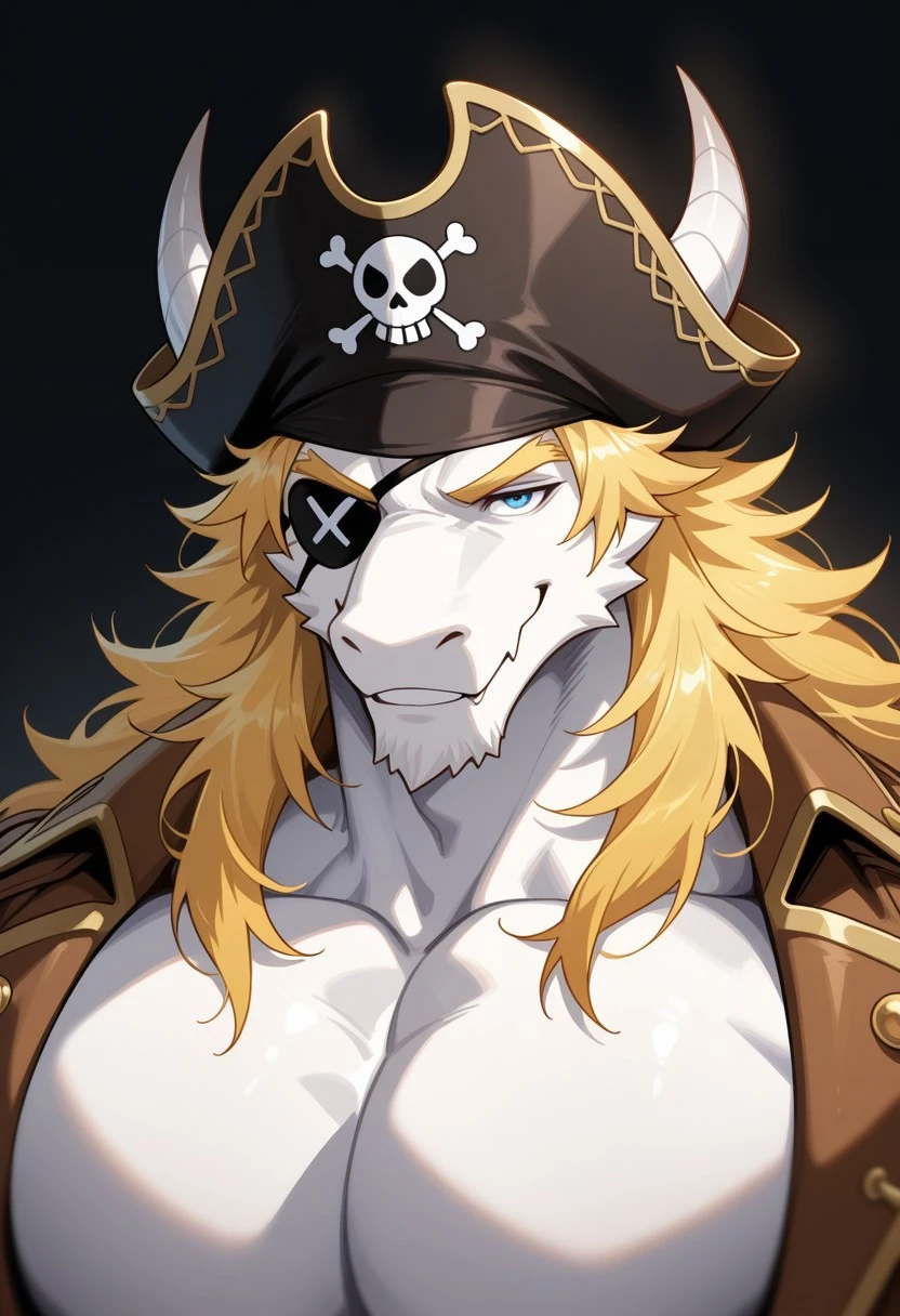 best quality, amazing quality, very aesthetic, 1boy, solo, furry, male, anthro, Anthropomorphic Dragon, ((white body, white skin)), blonde hair, long hair, messy hair, white horns, blue eyes, blonde eyebrows, muscular male, large pectorals, huge pectorals, male focus, anthro, furry male, mature male, animal ears, ((Open Pirate Coat, Black Eye Patch, Pirate Hat))
BREAK close up, face focus, smile, 1/2 view, smiling, simple black background
BREAK natural lighting, depth of field, blurry foreground, motion blur, very awa, masterpiece, best quality, absurdres, newest, perfect quality, detailed background, intricate details, detailed background, masterpiece, best quality, absurdres, newest, perfect quality, best quality, intricate details, highres, 4k quality, HD, newest, Fur7yF0cu5, civifur