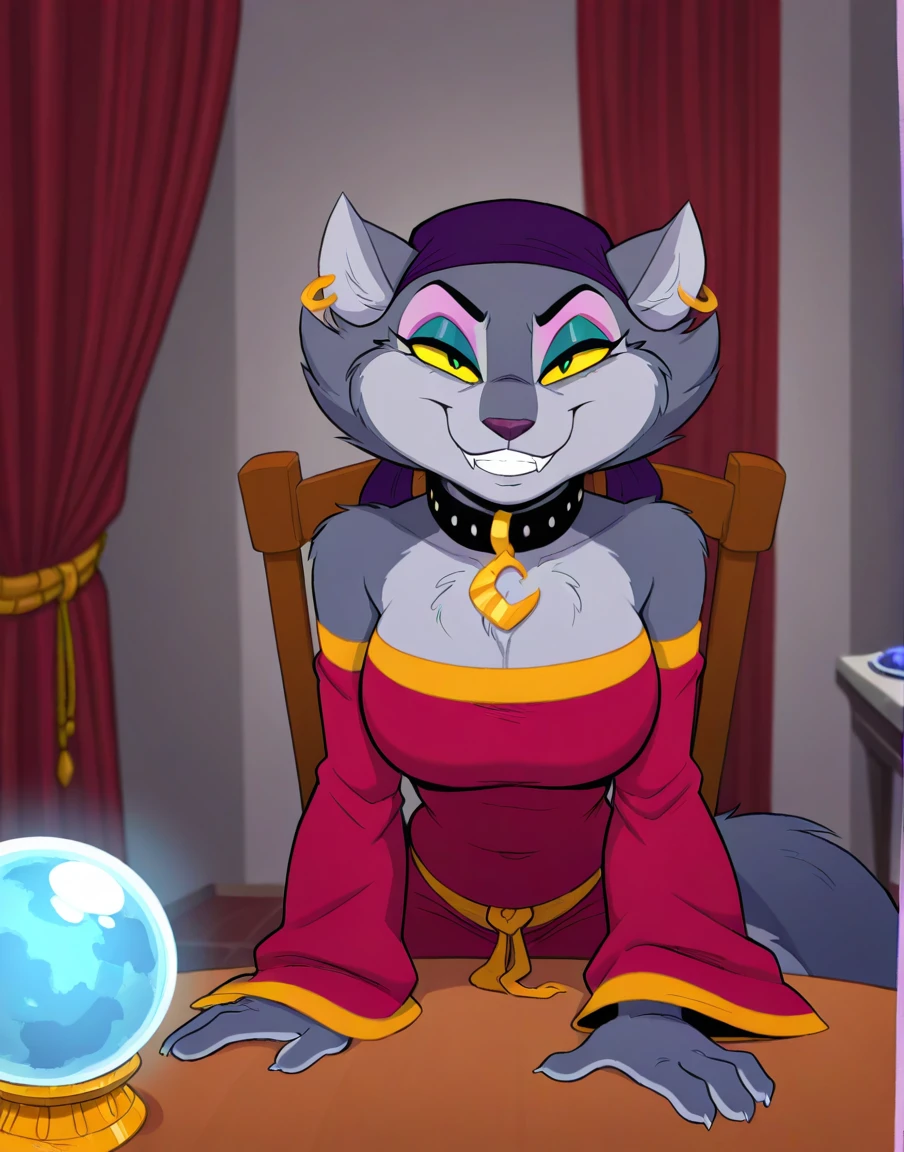 masterpiece, best quality, high resolution, solo, , inside, curtain,
msfortune, female, anthro, cat, grey fur, makeup, yellow sclera, ring piercing, bandana, collar, crescent pendant, red dress, smile, teeth, bedroom eyes, sitting, table, chair, crystal ball, looking at viewer,
by neodokuro, <lora:MsFortuneXL_050-Illus-nd32-na32-lr1-b2-ep06:1>