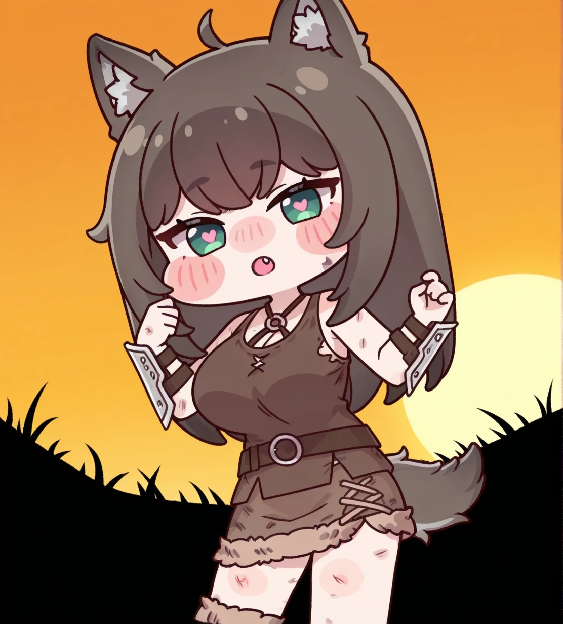 1girl, wild hips, huge breasts, aroused, blush, heart-shaped pupils,:o, breasts, cleavage, contrapposto, cowboy shot, elf, hands up, highleg, looking at viewer, navel, parted lips, solo, standing, w arms,
savanna, sunset, acacia tree, grass, sun, silhouette, orange sky,
official style,deformed,
mob(kemono)(trickcal),
Mynx,
wolf girl,animal ears,wolf ears,animal ear fluff,
brown hair,long hair,bangs,ahoge,
green eyes,eyes visible through hair,
wolf tail,
scratches,
fang,
dirty clothes,
sleeveless shirt,brown shirt,torn shirt,o-ring belt,(baldric:1.2),o-ring,
miniskirt,leather skirt,fur-trimmed skirt,brown skirt,
fur-trimmed boots,brown boots,belt boots,uneven footwear,
vambraces, arm guards,
intricate details,detailed background,
<lora:noobaiXLNAIXL_epsilonPred11Version-lora:0.1> <lora:mobkemonotrickcal:1>