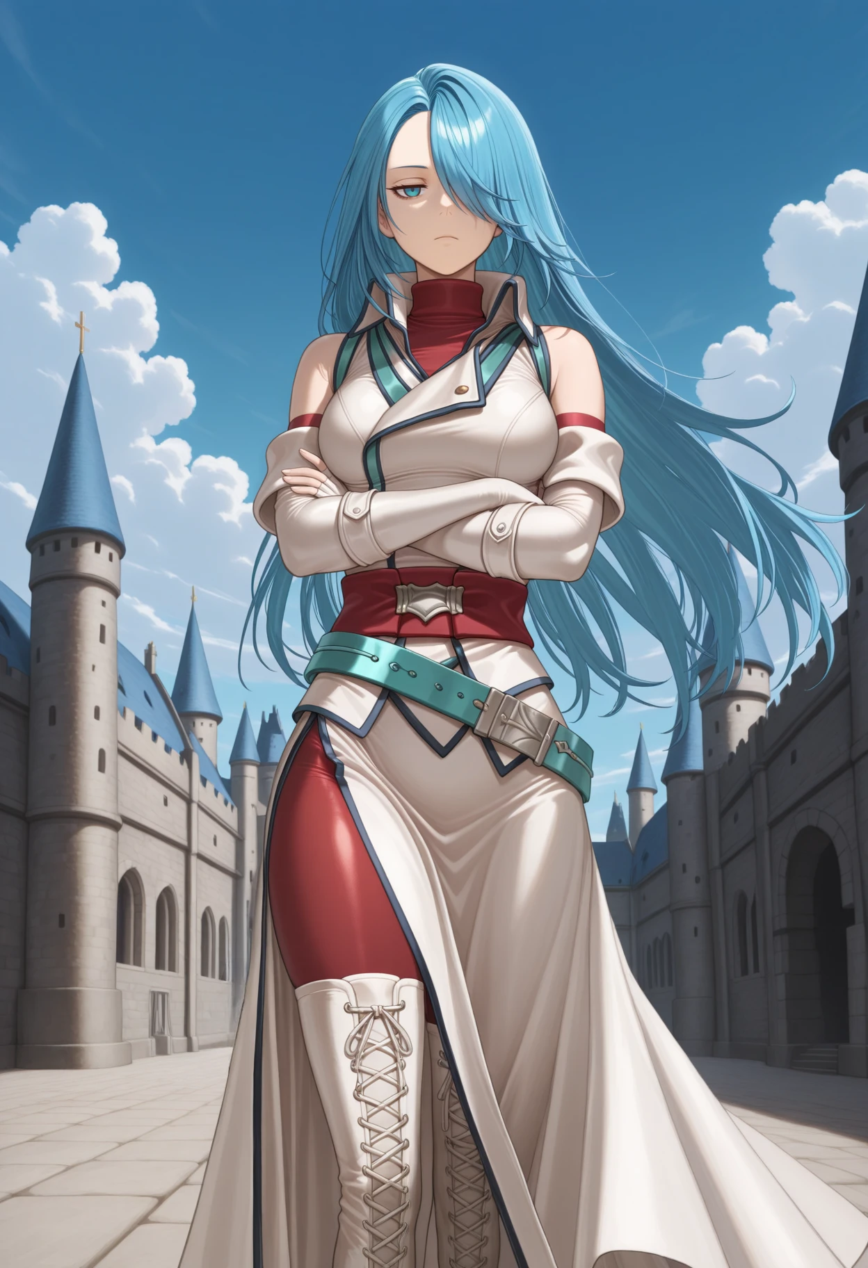 masterpiece, best quality, 1girl, crossed arms, standing, looking at viewer, unamused, jitome, <lora:LuciaFE-illu:1> p0rLuc, blue hair, hair over one eye, long hair, blue eyes, white jacket, bare shoulders, red turtleneck, elbow gloves, medium breasts, white gloves, fingerless gloves, red sash, teal belt, red pantyhose, white skirt, long skirt, side slit, thigh boots, white footwear, cross-laced footwear, outdoors, castle, blue sky, cloud