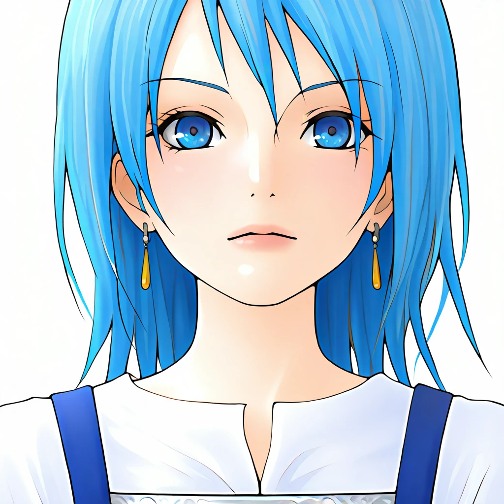 <lora:VeneAnsbachV2_illustrious:1>,sb_vene,white shirt, medium hair, earrings,blue dress, long dress, pinafore dress, long sleeves, 1girl, solo, simple background, boots,blue eyes,blue hair,jewelry, white trim,petticoat, upper body,white background, straight-on, looking at viewer,, masterpiece, best quality, amazing quality, newest,detailed face, beautiful eye