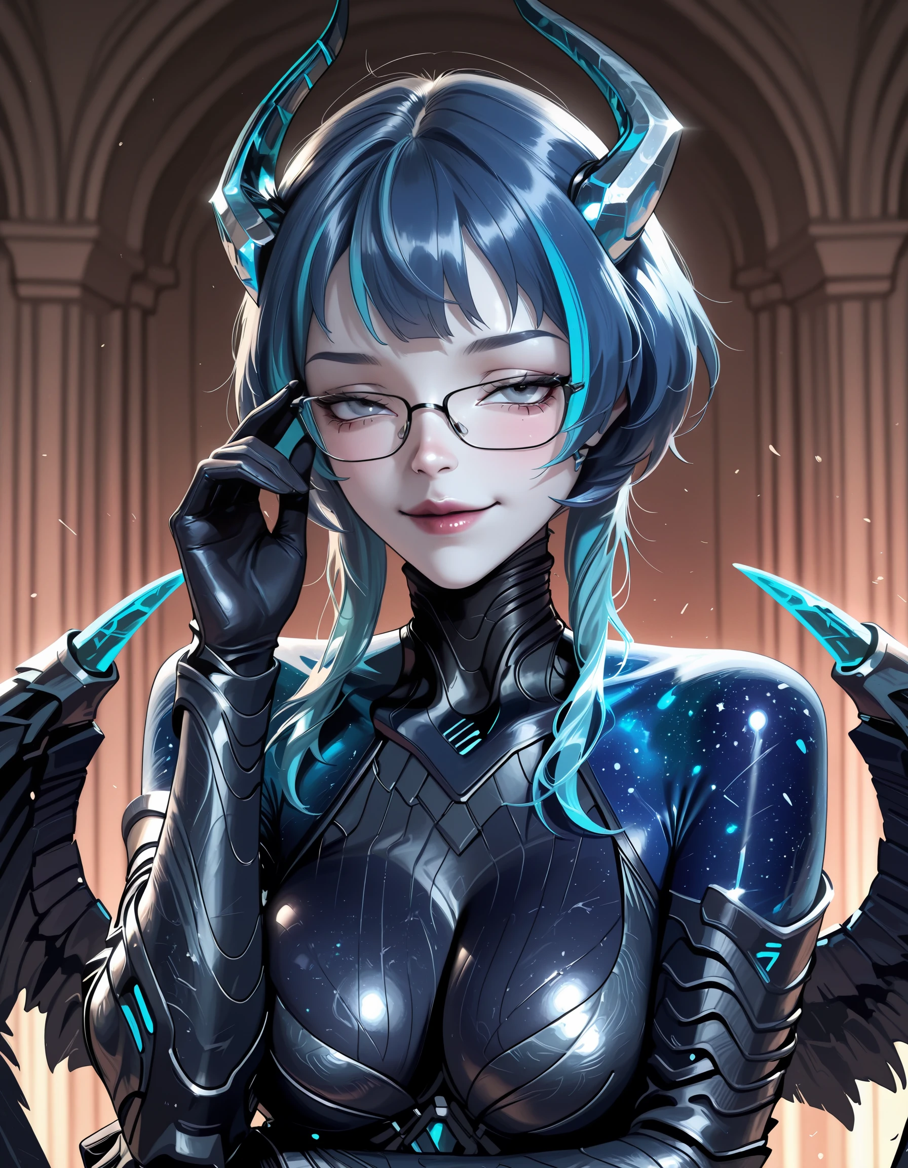SmoothNoob_Quality, masterpiece, best quality, newest, absurdres, highres, very awa, very aesthetic, ultra-detailed, vivid, m7radiogalaxy, babata, swallowed_star, artificial_intelligence, energy_body, pale_skin, horns, wings, grey_eyes, blue_hair, multicolored hair, streaked hair, 1girl, solo, glasses, adjusting eyewear, looking at viewer, , armor, upper body, , smile, glasses, locked in, focused, one arm crossed, <lora:M7radiogalaxyILL:0.7> <lora:Babata_Swallowed_Star_ILL-000003:1>