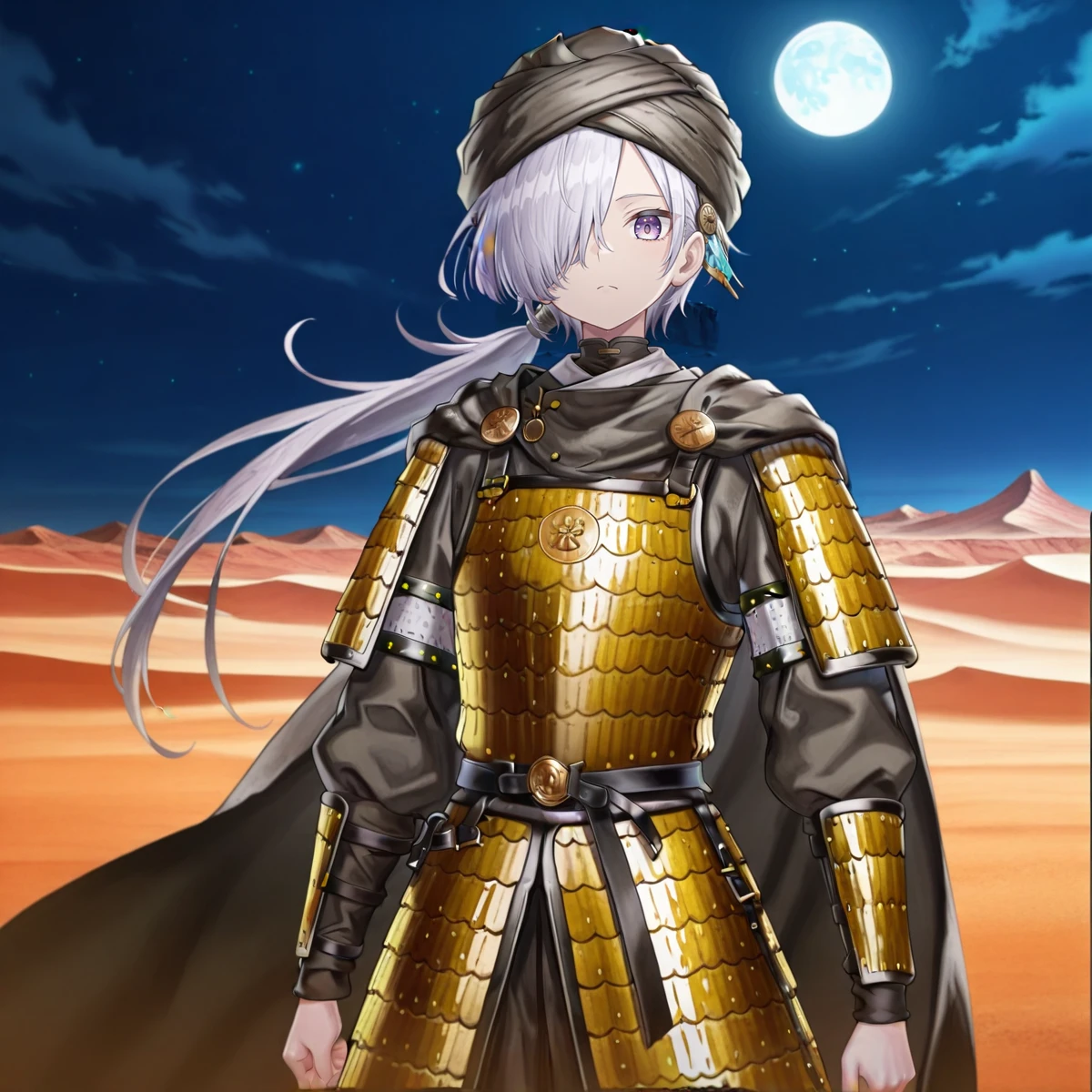 masterpiece,best quality,absurdres,detailed skin,detailed eyes,anime colored,anime screencap,
<lora:nio-000007:0.8>,1 boy,nio,looking at viewer,cowboy shot,ponytail,hair over one eye,solo,
turban,lamellar armor,black cape,
<lora:Medieval_Muslim_Warriors-000006:0.8>,
outdoors,desert,night,moon,
