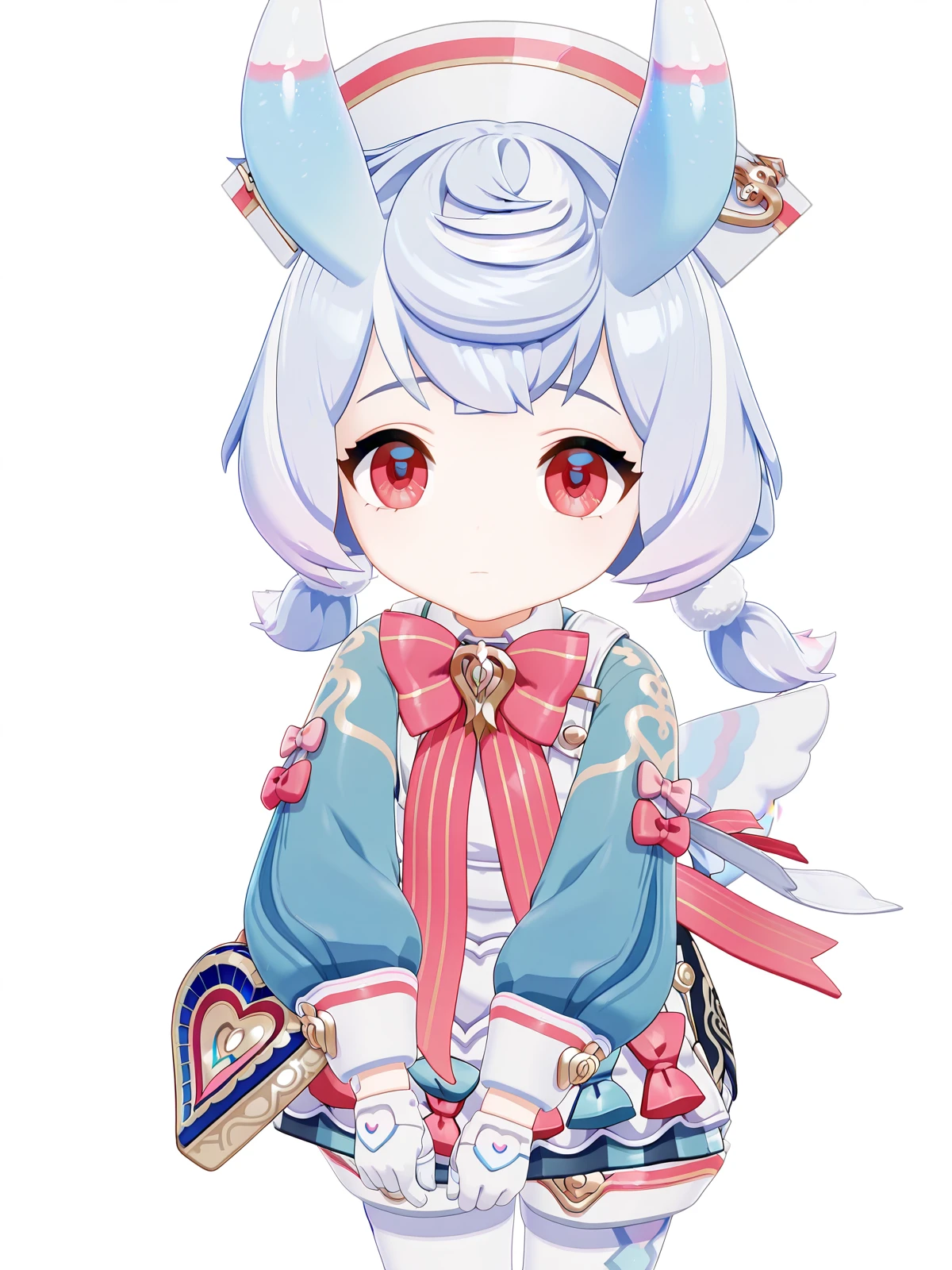 masterpiece, best quality, amazing quality,, <lora:genshin-sigewinne-ingame-illustriousxl-lora-nochekaiser:1>, sigewinne, hair ornament, red eyes, animal ears, twintails, blue hair, purple hair, multicolored hair, gradient hair, low twintails, short twintails, pom pom hair ornament, 3d, long sleeves, gloves, dress, hat, bow, pantyhose, puffy sleeves, white gloves, bowtie, apron, blue dress, white headwear, pink bow, white apron, white pantyhose, pom pom (clothes), nurse cap, pink bowtie, aqua dress,, from above,, windmill, blades, farm, wind, traditional, cowboy shot, solo, looking at viewer, <lora:transparent-background-illustriousxl-lora-nochekaiser:1>, transparent background, simple background, white background