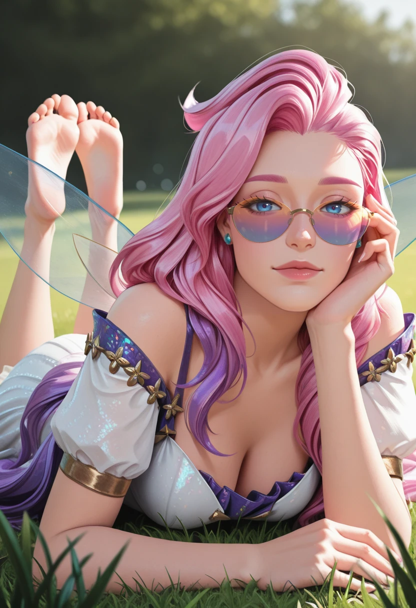very awa, masterpiece, best quality, absurdres, newest, perfect quality, detailed background, intricate details, solo,
<lora:ILLOLSeraphine:1>
LOLSeraphine, 1girl, blue eyes, pink hair, long hair, asymmetrical bangs, fairy wings, barefoot, lying, on stomach, blurry background, feet up, on grass, jewelry, earrings, tinted eyewear, sunglasses, soles, white dress, depth of field, outdoors, realistic, see-through