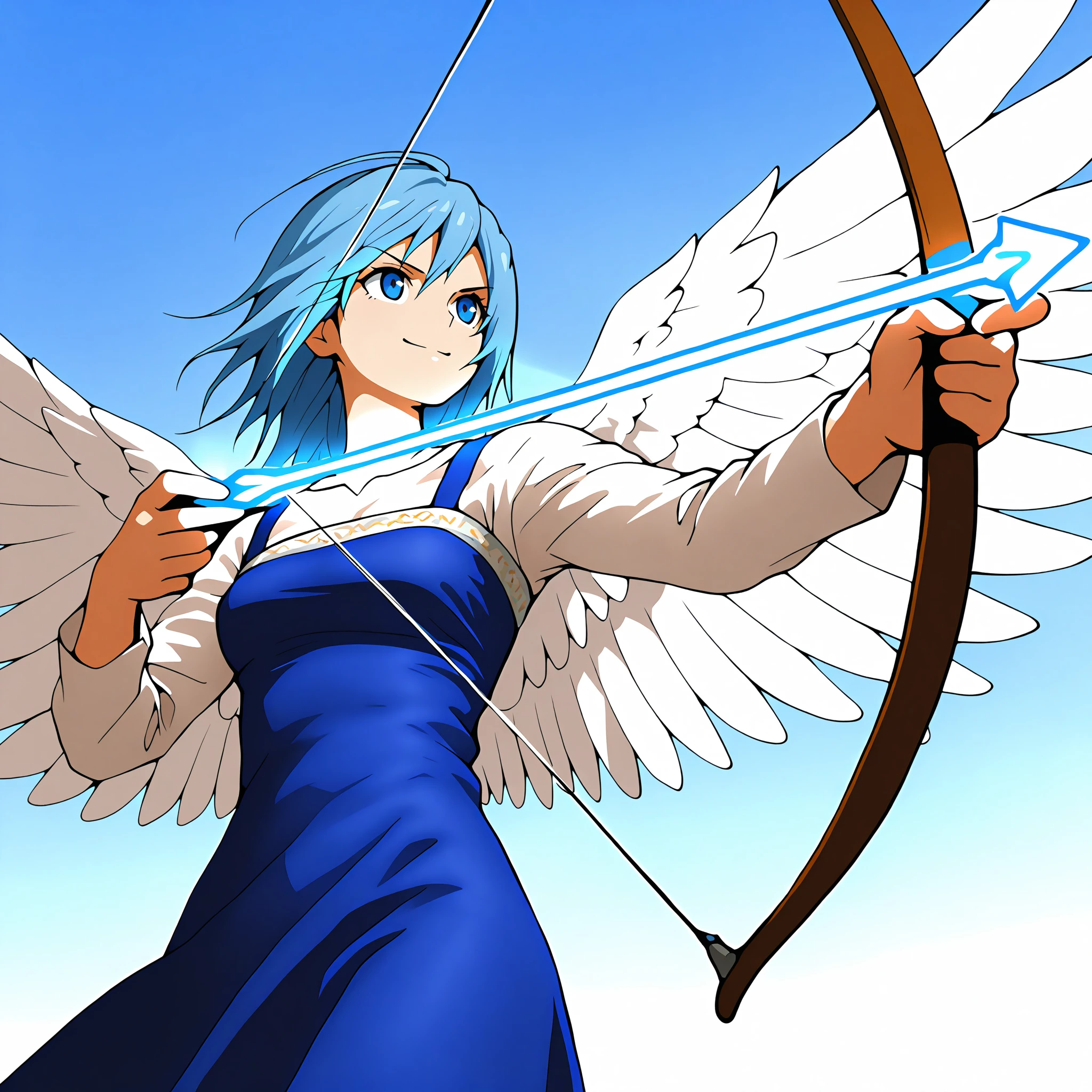 <lora:VeneAnsbachV2_illustrious:1>,sb_vene,white shirt, medium hair, blue dress, long dress, pinafore dress, long sleeves,smile, 1girl, solo, simple background, boots,blue eyes,blue hair,jewelry, white trim,petticoat, upper body,large wings,wings, feathered wings, angel wings,holding bow (weapon),holding arrow, arrow (projectile),aiming,sky,blue_sky, masterpiece, best quality, amazing quality, newest,detailed face, beautiful eye