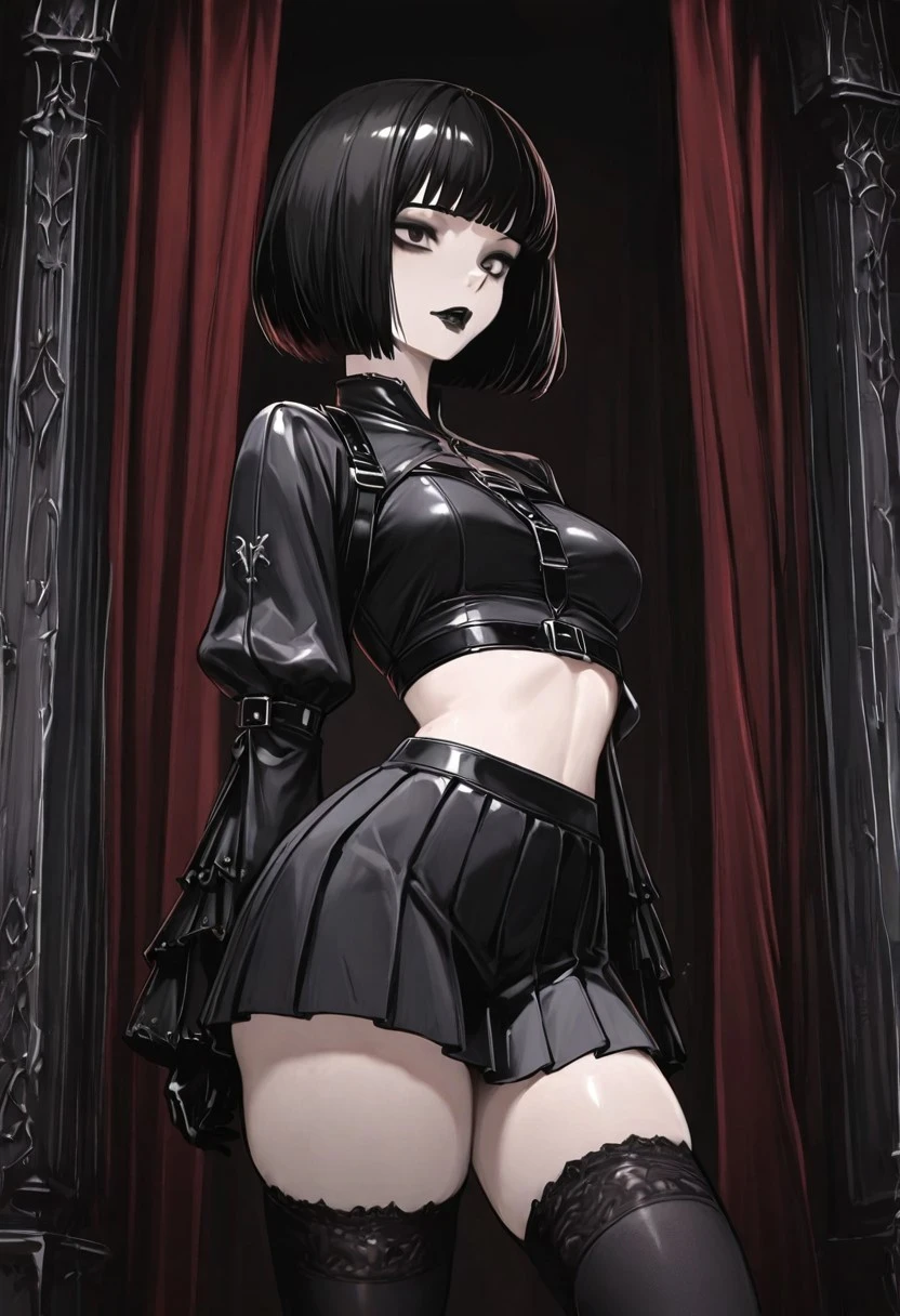masterpiece, best quality, highres, 1girl, gothic style, dark atmosphere, dark fantasy, black lipstick, bob cut, short hair, curtain bangs, pleated skirt, black thighhighs, crop top, strap, baresholders, sleveless, gloveless,