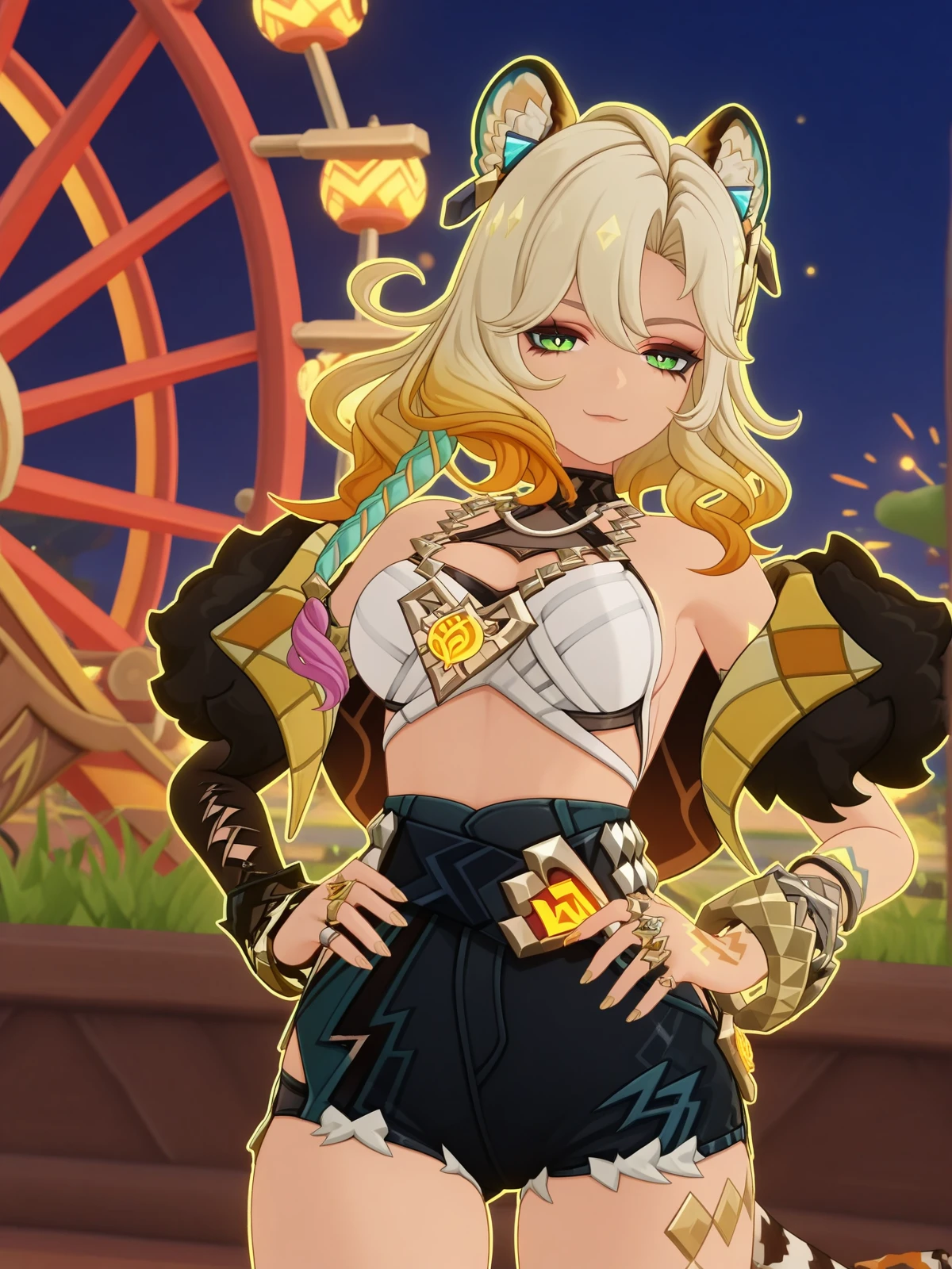 masterpiece, best quality, amazing quality,, <lora:genshin-xilonen-ingame-illustriousxl-lora-nochekaiser:1>, xilonen, xilonen (genshin impact), long hair, blonde hair, hair ornament, animal ears, green eyes, tail, multicolored hair, gradient hair, tiger ears, tiger tail, tiger girl, mature female, large breasts, 3d, jewelry, bare shoulders, jacket, shorts, off shoulder, bracelet, fur trim, short shorts, sideboob, black shorts, ring, denim shorts,, smug, hands on own hip,, ferris wheel, lights, high, view, rotating, cowboy shot, solo, looking at viewer,