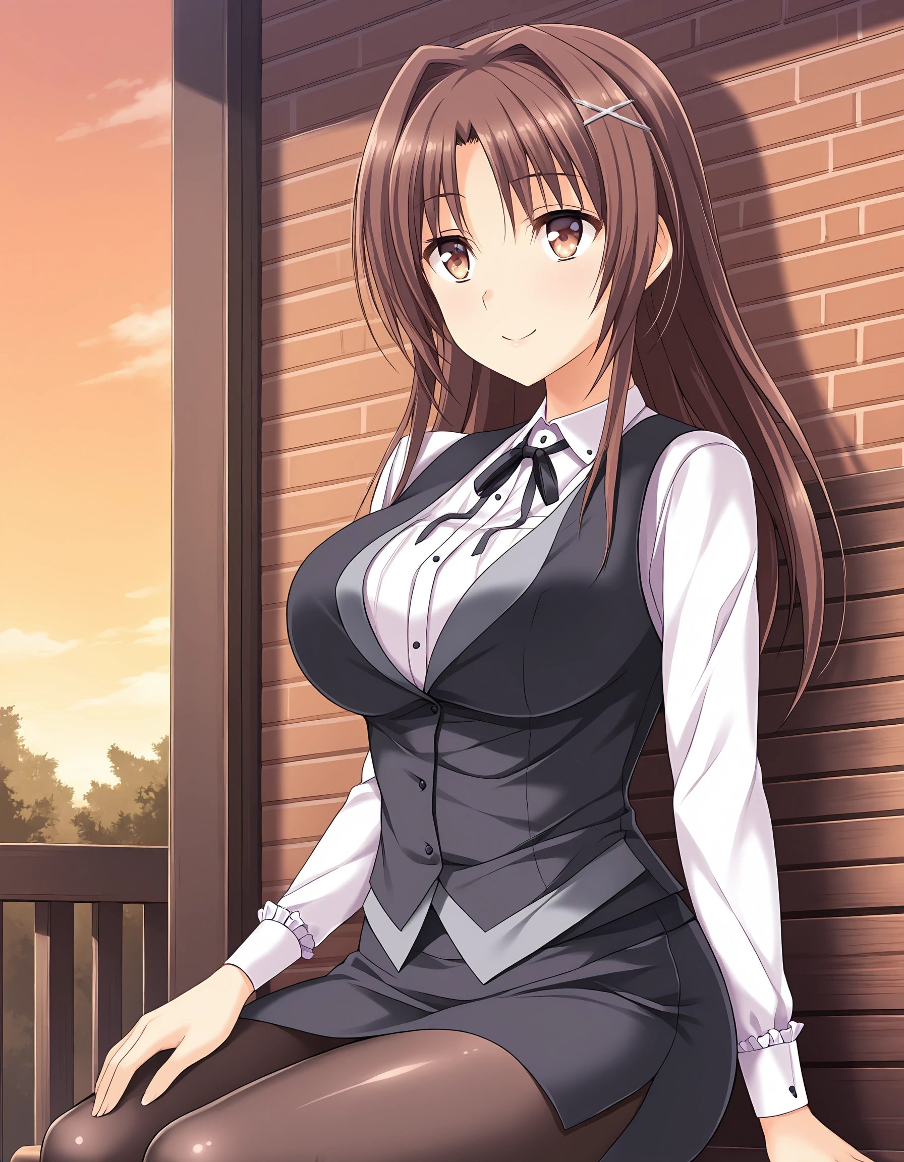 masterpiece, best quality, amazing quality, ultra detail, best resolution, good , good hand,
BREAK <lora:saionji-nao Toriko no Shirabe -Refrain- Chouritsu Sareru Otome-tachi to Onna Kyoushi (Guilty)-illustrious:1> saionji-nao, brown hair, x hairpins, silver hairpins, , brown eyes, hair down
BREAK outfit01, Seiren Women's School suit, shirt, white shirt, collared shirt, long sleeves, frilled cuffs, vest, black vest, vest buttons, layering vest, gray vest, close clothes, close vest, loop tie, black loop tie, skirt, black skirt, pensile skirt, pantyhose, black pantyhose,
BREAK 1girl, solo, posing, happy, outdoor,