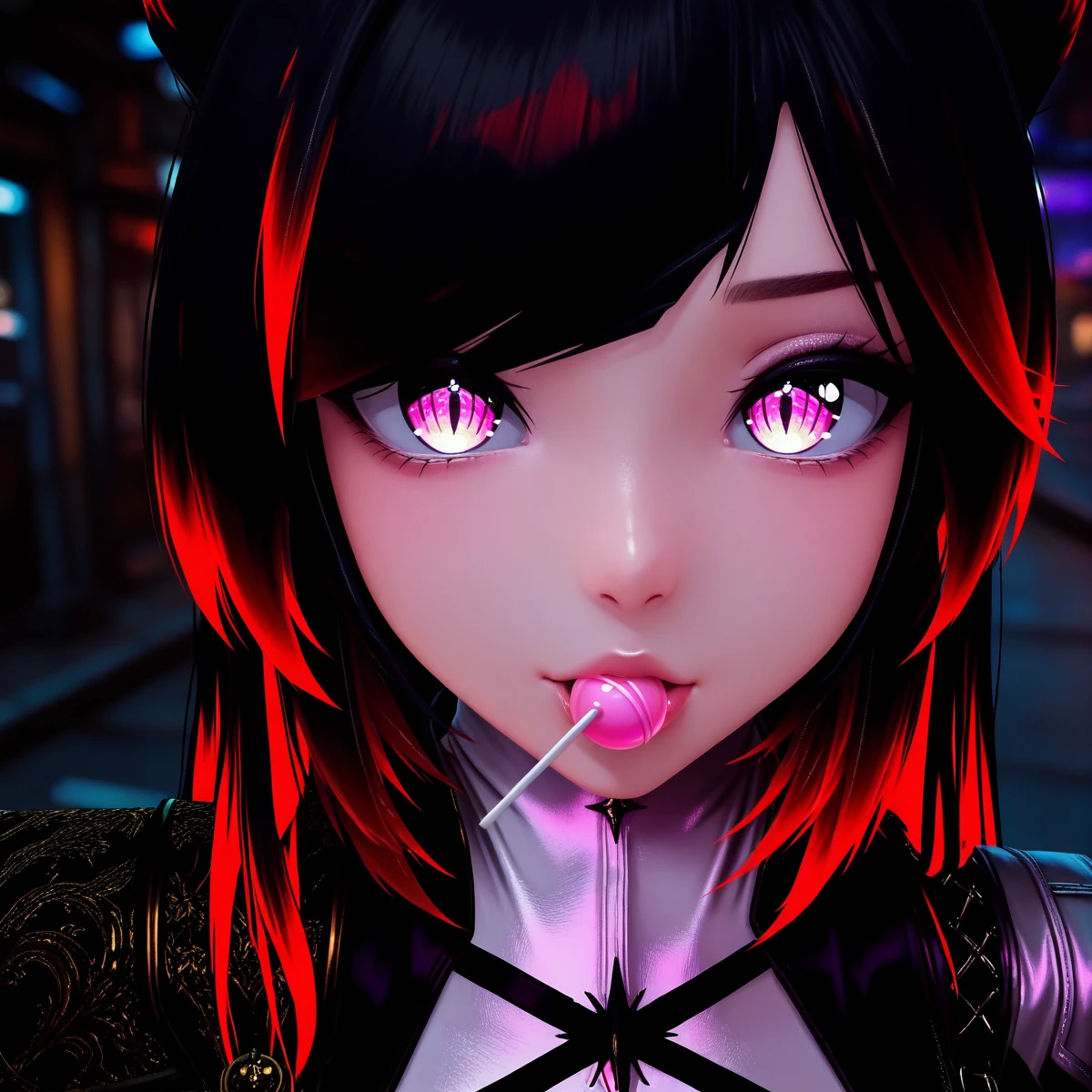 masterpiece, best quality,
aeriysuit, 1girl, solo, looking at viewer, bangs, black hair, red hair, multicolored hair, food, pink eyes, portrait, candy, lollipop,
<lora:Aeriysuit_illustrious:0.8>