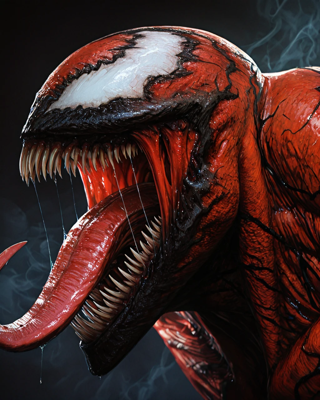 score_9, score_8_up, score_7_up, score_6_up, score_5_up, score_4_up, score_beautiful, front view, upper body, close up face, roar, dynamic pose, pose in motion, throws himself at the camera, masterpiece, an extremely detailed and delicate,extremely fine and beautiful, (masterpiece:1.2), (best quality:1.2), sharp focus, (8k), beautiful, high quality, (highres:1.1), (depth of field),realistic, best quality,masterpiece,ultra high res,(photo realistic:1.2), detailed, extremely detailed 4K, intricate, hyper detailed, illustration, soft lighting, high resolution, sharp detail, perfect lighting, Ca1nag3, teeth, 1boy, solo, darkness, shadow, monster, sharp teeth, claws, no humans, tongue, muscular, saliva, long tongue, tongue out, tentacles, white eyes, red skin, <lora:Carnage_from_Marvel_Universe_il:1>, muscular, darkness around, dark background, thick smoke, fog,