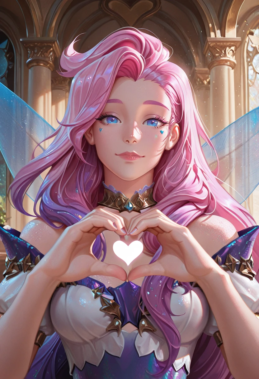 very awa, masterpiece, best quality, absurdres, newest, perfect quality, detailed background, intricate details, solo,
<lora:ILLOLSeraphine:1>
LOLSeraphine, 1girl, blue eyes, pink hair, long hair, asymmetrical bangs, fairy wings, upper body, looking at viewer, heart hands