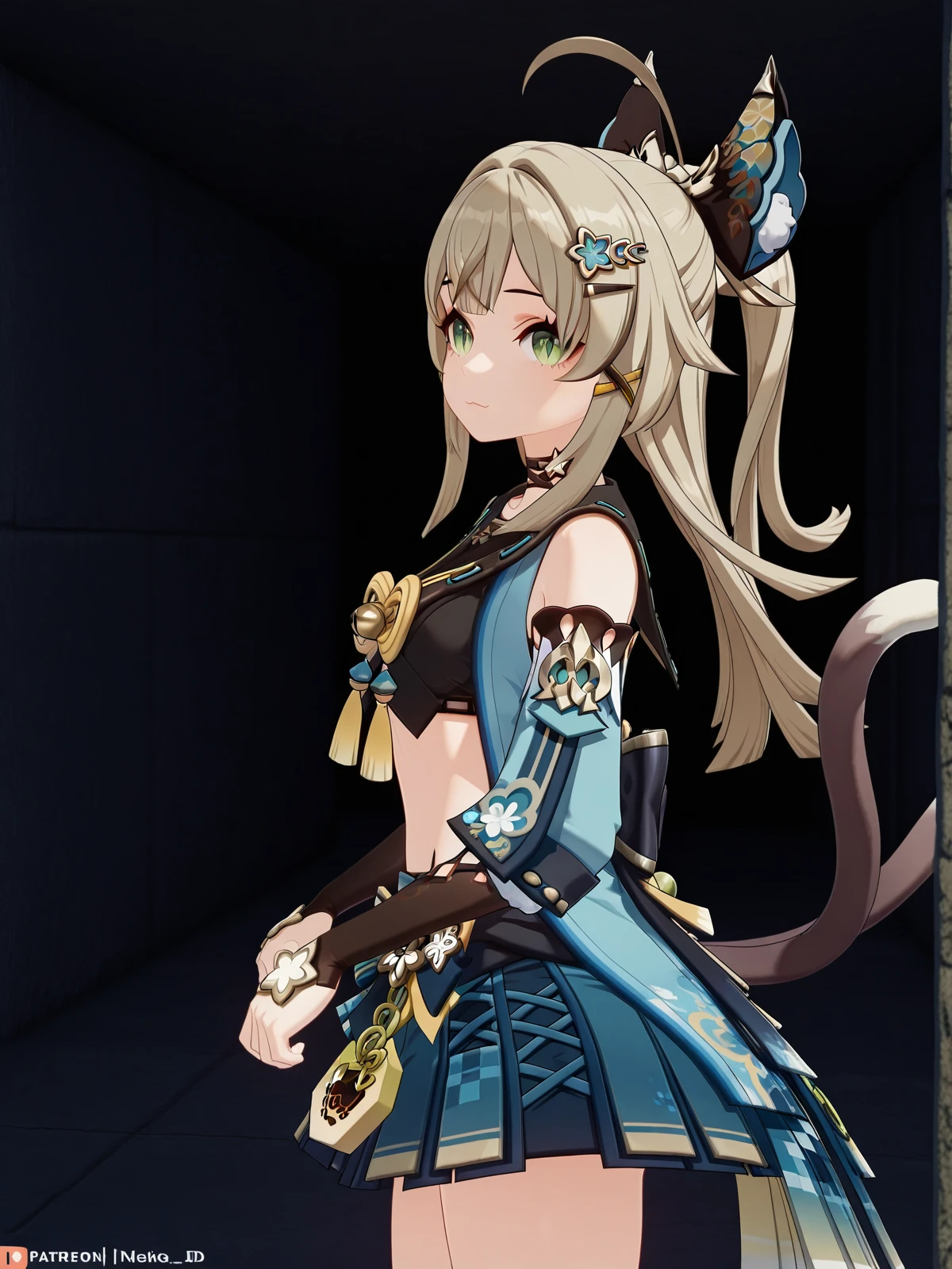 masterpiece, best quality, amazing quality,, <lora:genshin-kirara-ingame-illustriousxl-lora-nochekaiser:1>, kirara, kirara (genshin impact), long hair, brown hair, hair ornament, animal ears, green eyes, tail, ahoge, sidelocks, hairclip, cat ears, cat tail, light brown hair, cat girl, multiple tails, two tails, nekomata, mature female, small breasts, 3d, skirt, long sleeves, bare shoulders, pleated skirt, detached sleeves, choker, midriff, miniskirt, vest, crop top, blue skirt, black choker, black tank top, nekomata, sleeveless coat, from side, bunker, underground, secure, concrete, dark, cowboy shot, solo, looking at viewer,