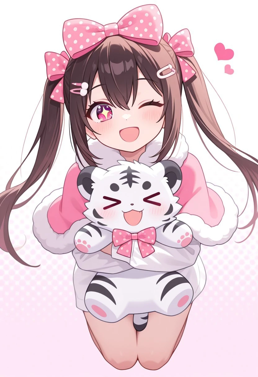 kotemusob, masterpiece, best quality, 1girl, pink capelet, long straight twintails, capelet, fur-trimmed capelet, hair ornament, fur trim, polka dot, ribbon, blush, solo, pink ribbon, hairclip, open mouth, hair ribbon, smile, bow, long hair, looking at viewer, sparkle, hair bow, black hair, pink bow, one eye closed, full body, paw print, red eyes, >_o, polka dot bow, white background, heart, dot nose, stuffed toy, sidelocks, hair between eyes, stuffed animal, animal, white tiger, chinese zodiac, polka dot ribbon, shirt, polka dot background, gradient background, pink background, white background, blurry background, animal hug, food, white shirt, holding animal, brown hair, holding, sparkling eyes, :d, symbol-shaped pupils, pink eyes, >_<, full body