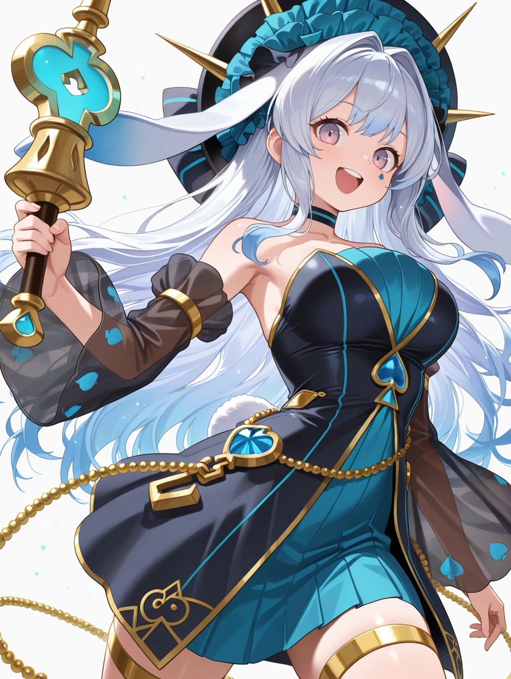 malice pawn march hare, 1girl, solo, open mouth, smile, holding sword, gold sword, looking at viewer, white background, teeth, simple background, cowboy shot, see-through sleeves, rabbit ears, blue spade facial mark, black choker, black detached sleeves, black headdress, black strapless dress, gold chain, frilled headdress bow, gold thighlet,
masterpiece,best quality,amazing quality,very aesthetic,absurdres,newest,scenery,extreme detail,8k,light particles,soft lighting,volumetric lighting,intricate details,finely detailed,<lora:MALICE Pawn March Hare illusXL v2:0.75>,